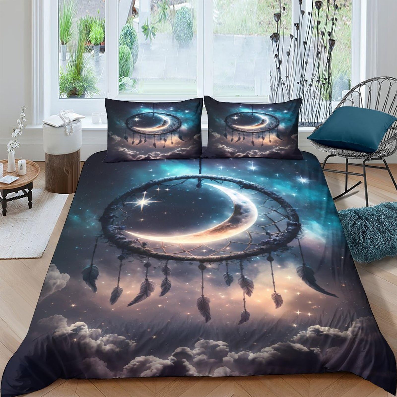 Ctjqhvkz Style-8 3D Printed Moon Dreamcatcher Fitted Sheet Microfiber Soft Black Blue Clouds Bed Cover For Bedroom Dorm Mattress Protection Decor Single（135X200cm）