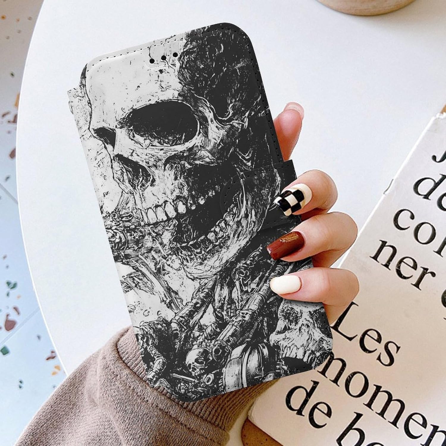 Vintage Skull Skeleton Compatible with iPhone 16/16 Plus/16 Pro/16 Pro Max/16 E Case Phone Wallet Card Holder Flip Cover with Wrist Strap