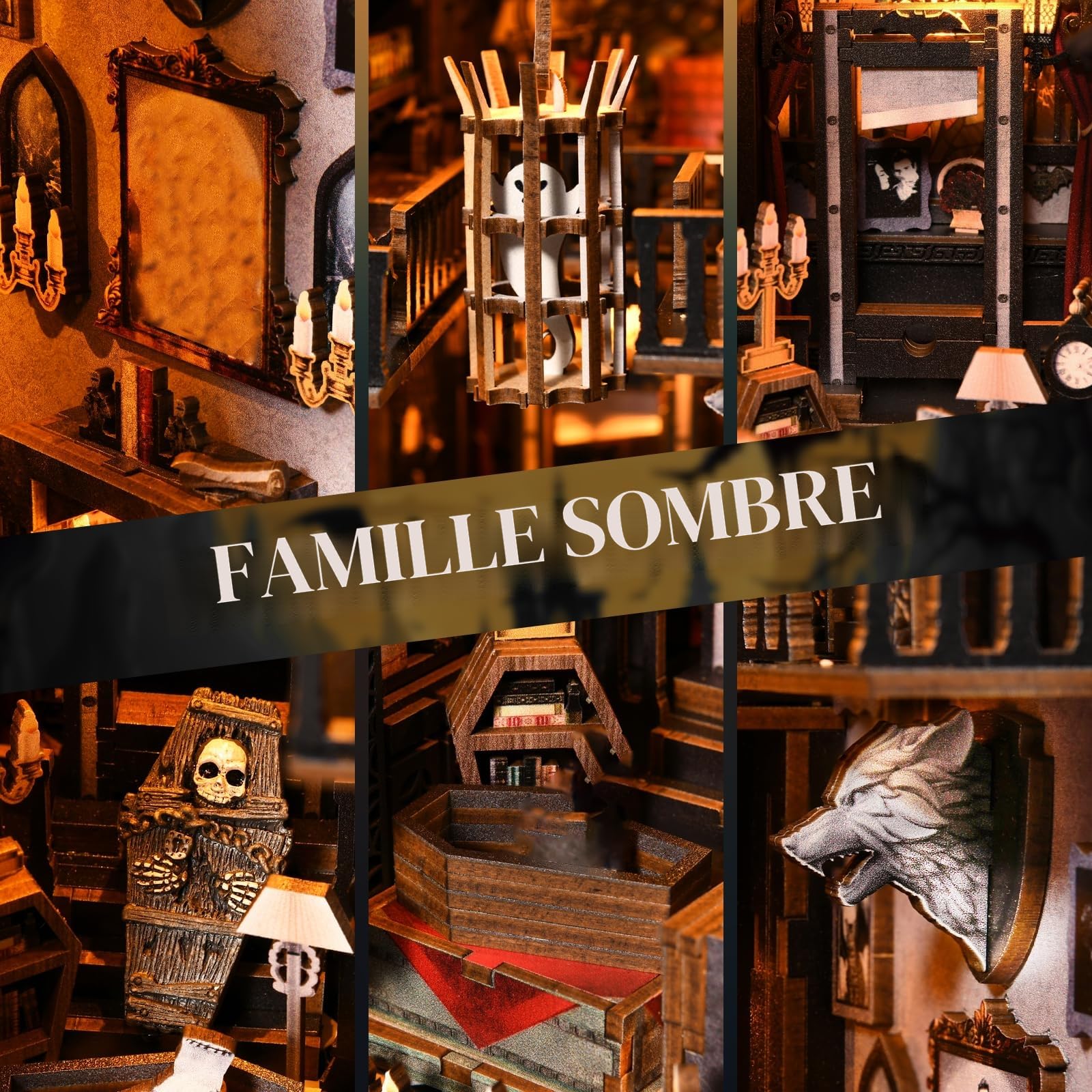 DIY Book Nook Kit, Maison de Poupées Miniatures en Bois,Maisons a Construire avec Meubles et lumière LED, Booknook Miniature House Cadeau de Bricolage pour Adultes - Famille Noire | Serre-livres coin de livre, maison de poupée miniature pour décoration d'