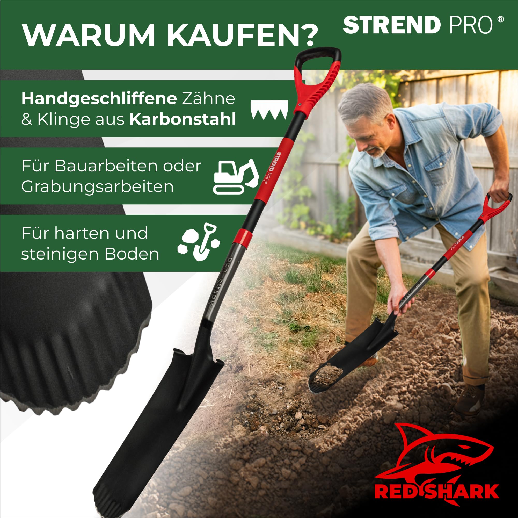 STREND PRO Spaten | Premium RedShark Gärtnerspaten | Drainagespaten mit Fiberglasstiel | D Spatenstiel | Schmal Spaten für Garten mit Stabiler Stahlkopf |für Harte, steinige Böden| Wurzelspaten