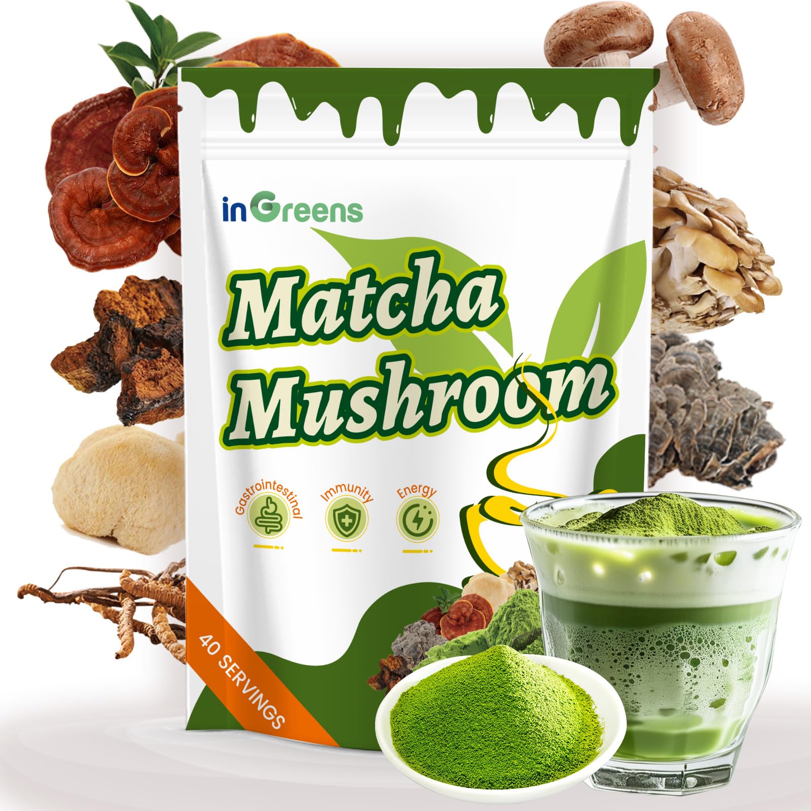200g Mushroom Matcha - Super Premium Blend Matcha Mushroom Powder with MCT Reishi Lions Mane for Immune Strengthen