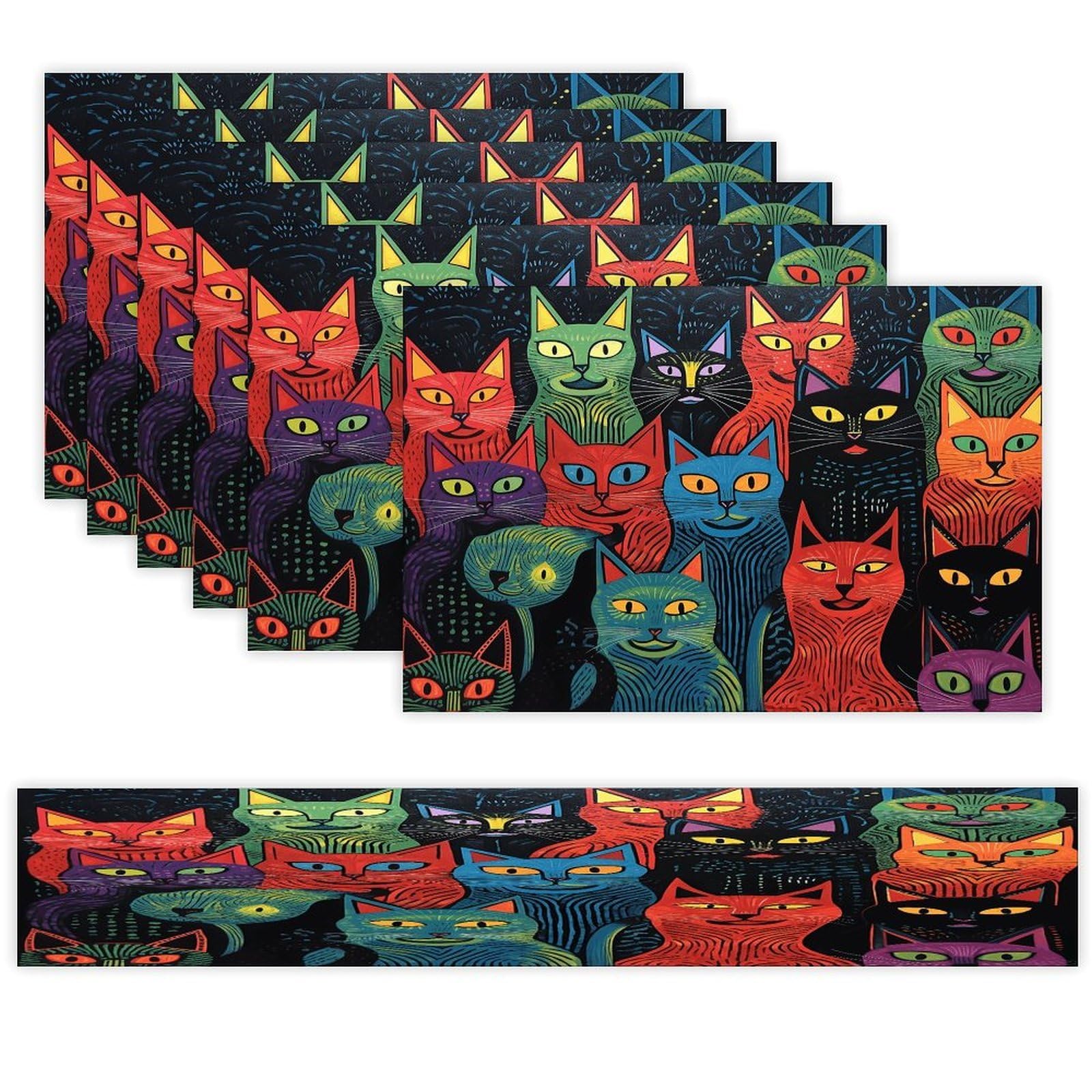 Multicolor Cat Painting Table Runner and Placemats Set of 6 Stain Resistant Heat Resistant Place Mats for Kitchen Dining Table Mats Long Table Runner Modern Art Dining Decor for Daily Use