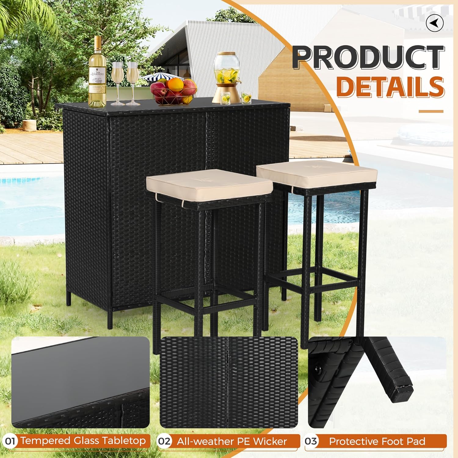 3-Piece Patio Outdoor Bar Set with Two Stools and Glass Top Table Patio Brown Wicker Furniture with Removable Cushions for Backyards, Porches, Gardens or Poolside