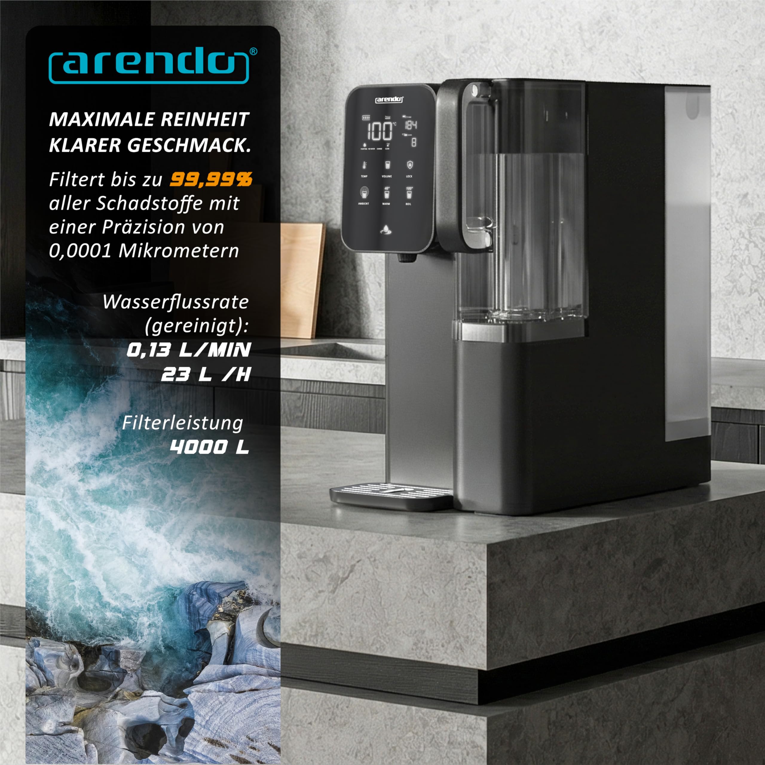 Arendo - Premium Osmoseanlage - 99,99% reines Trinkwasser - 7 stufiges Filtersystem (5+2) – Umkehrosmose/Wasserfilter – keine Installation - Auftisch Gerät – Heißwasserspender 40°C - 100°C – TDS