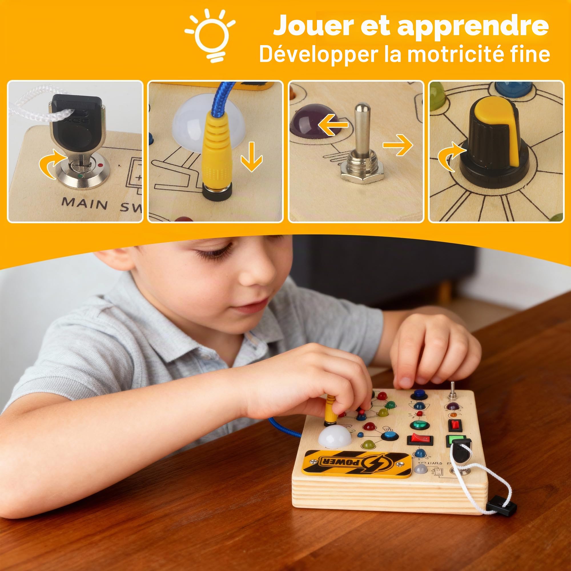 Busy Board Montessori 1 2 3 Ans, Tableau d’Activités en Bois avec 10 Interrupteurs et 19 LED, Jouet Sensoriel Motricité Bébé, Planche Montessori, Cadeau Enfant Garçon Fille