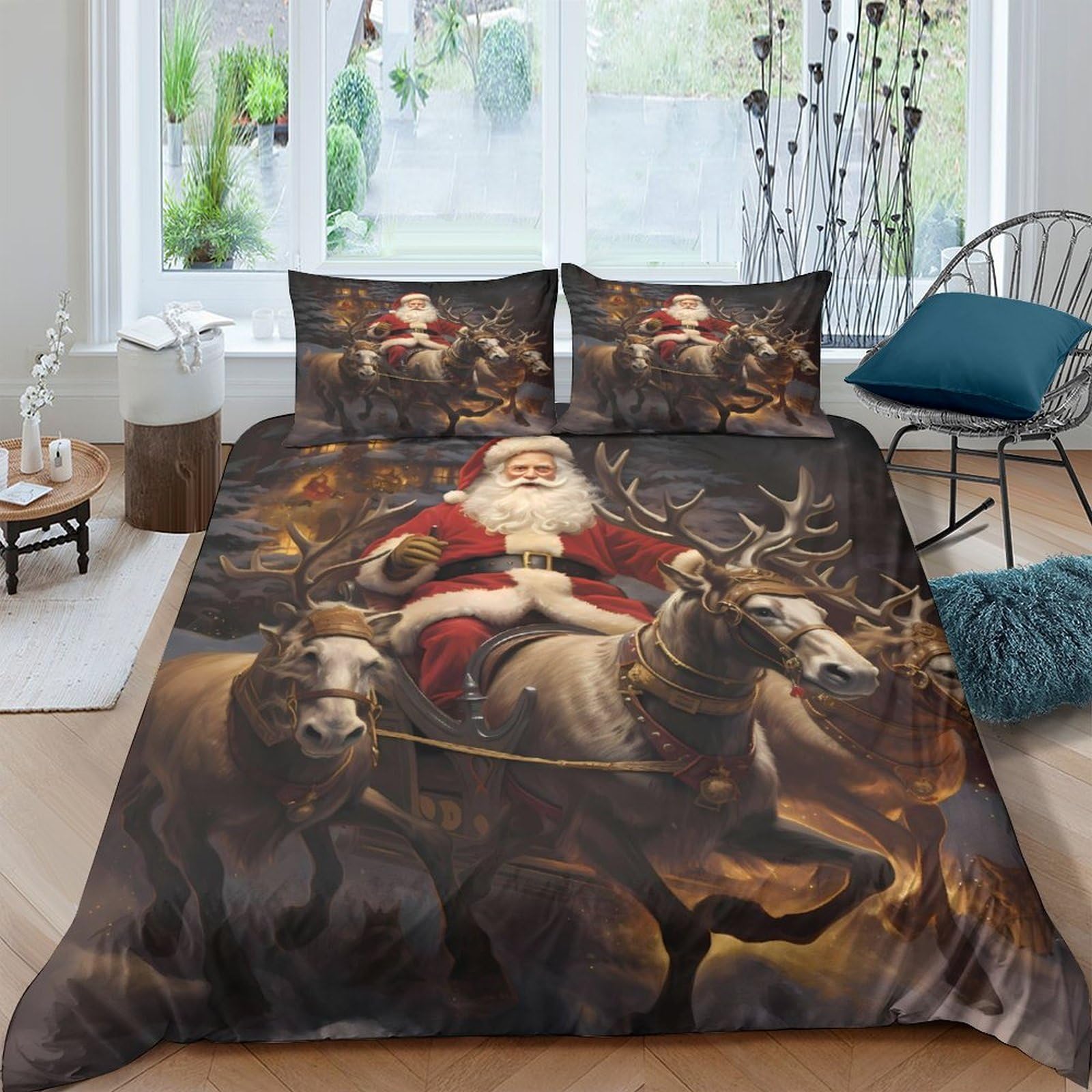 TUFRTGYHN 3D Printed Santa Sleigh Duvet Cover Microfiber Soft Breathable Christmas Reindeer Bedding Set with 2 Pillowcases for Bedroom Decor, Single（135x200cm）