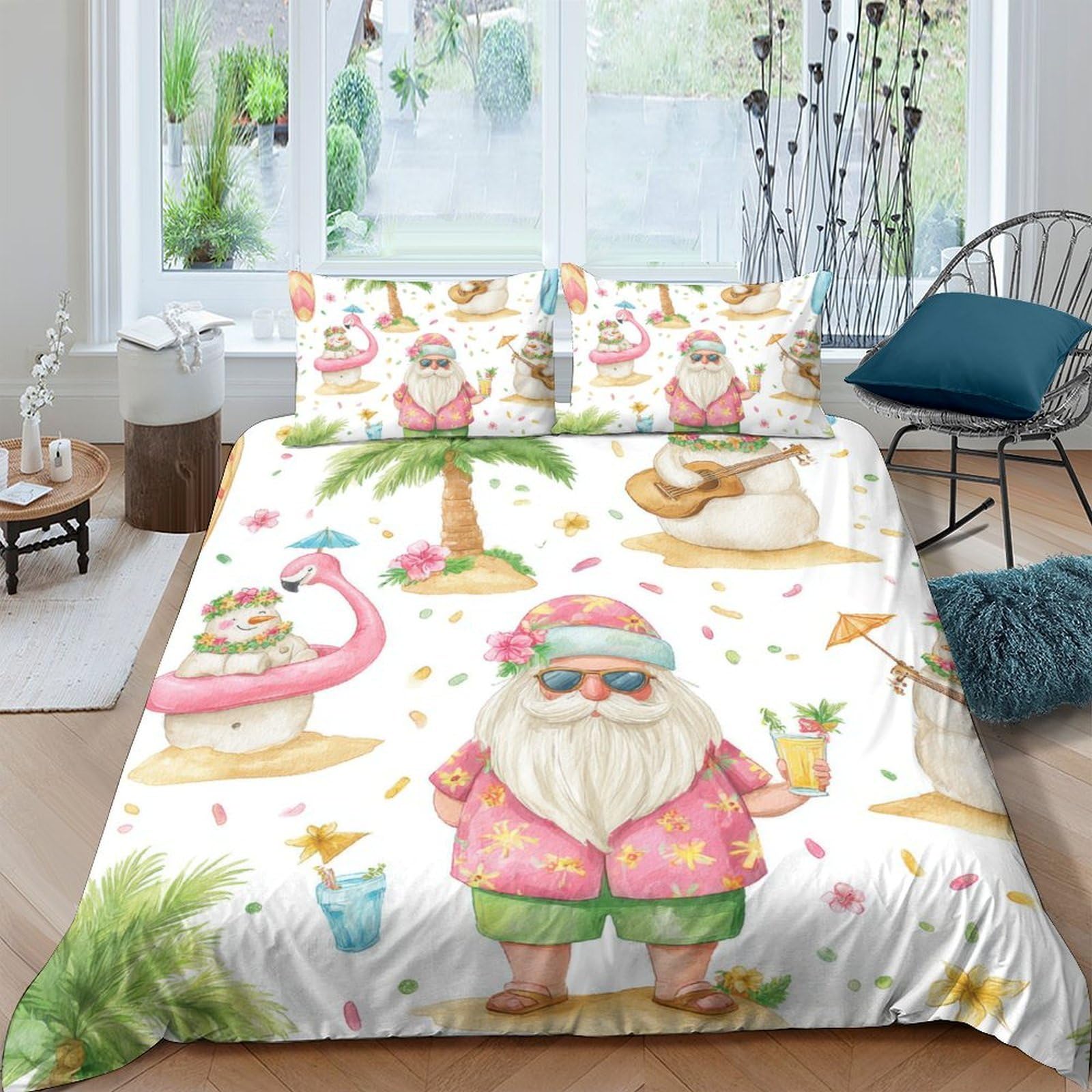 Ctjqhvkz Style-9 3D Printed Tropical Beach Santa Fitted Sheet Microfiber Soft Breathable Flamingo Bed Cover Bedroom Dorm Decor Single（135X200cm）