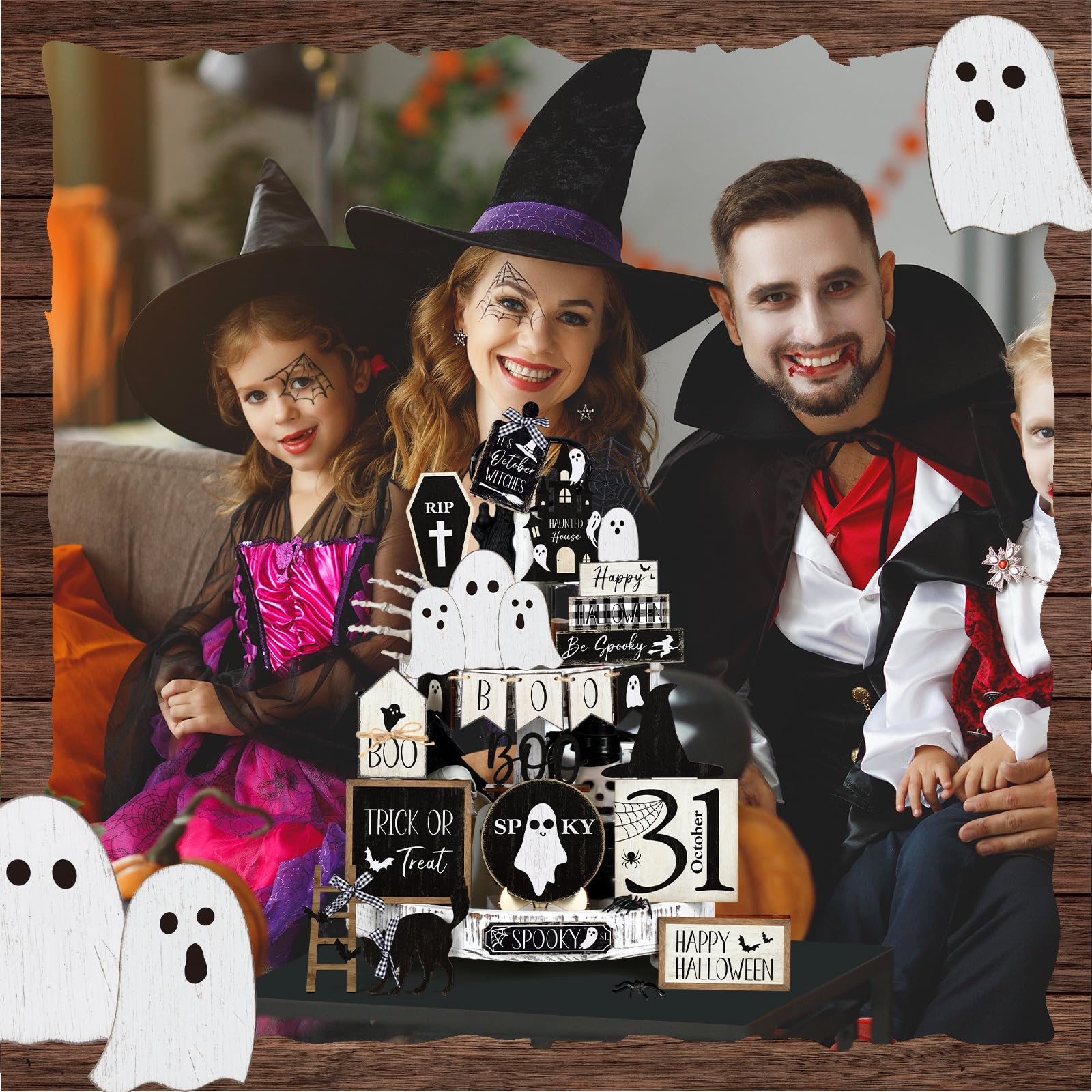 Vercraft 22 Pcs Halloween Tiered Tray Decor Set Cute Ghost Tray Decorations Halloween Wooden Signs Farmhouse Rustic Black Cat Tiered Decoration for Home Table Decorations Party Supplies
