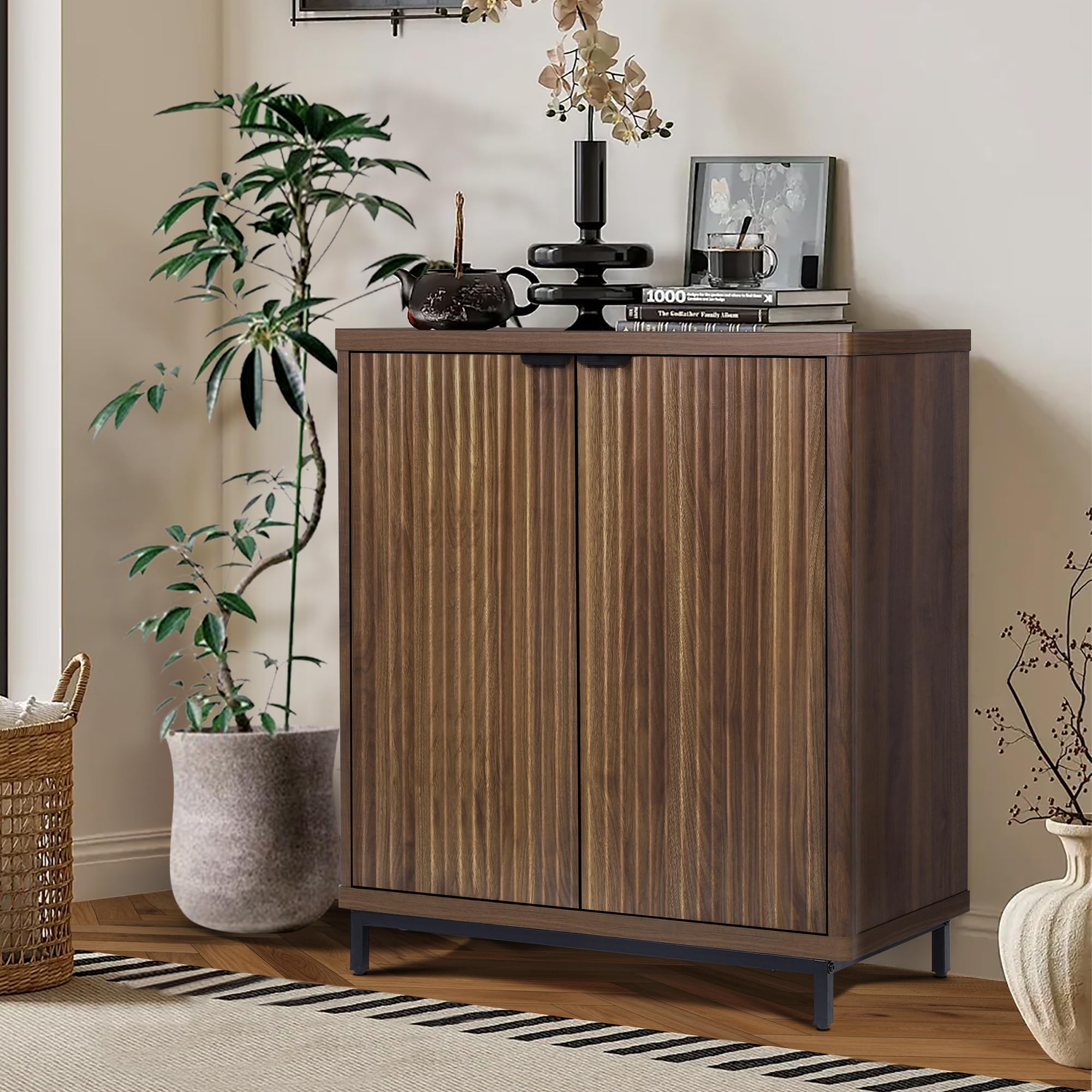 Buffet Cabinet with Storage Accent Sideboard Modern Credenza with 2 Doors & 3 Shelves Fluted Media Console for Living Room Kitchen Dining Room Hallway (Walnut)-image-4