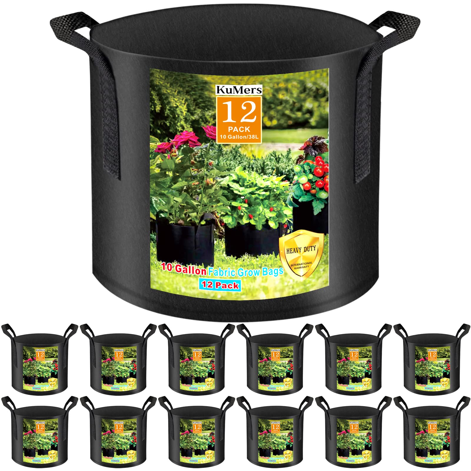 KuMers 12 Pack Grow Bags 10 Gallon, 300G Heavy Duty Thickened Non-Woven Plant Bag Plant Fabric Pots with Handles Planting Bags, Pot for Plants