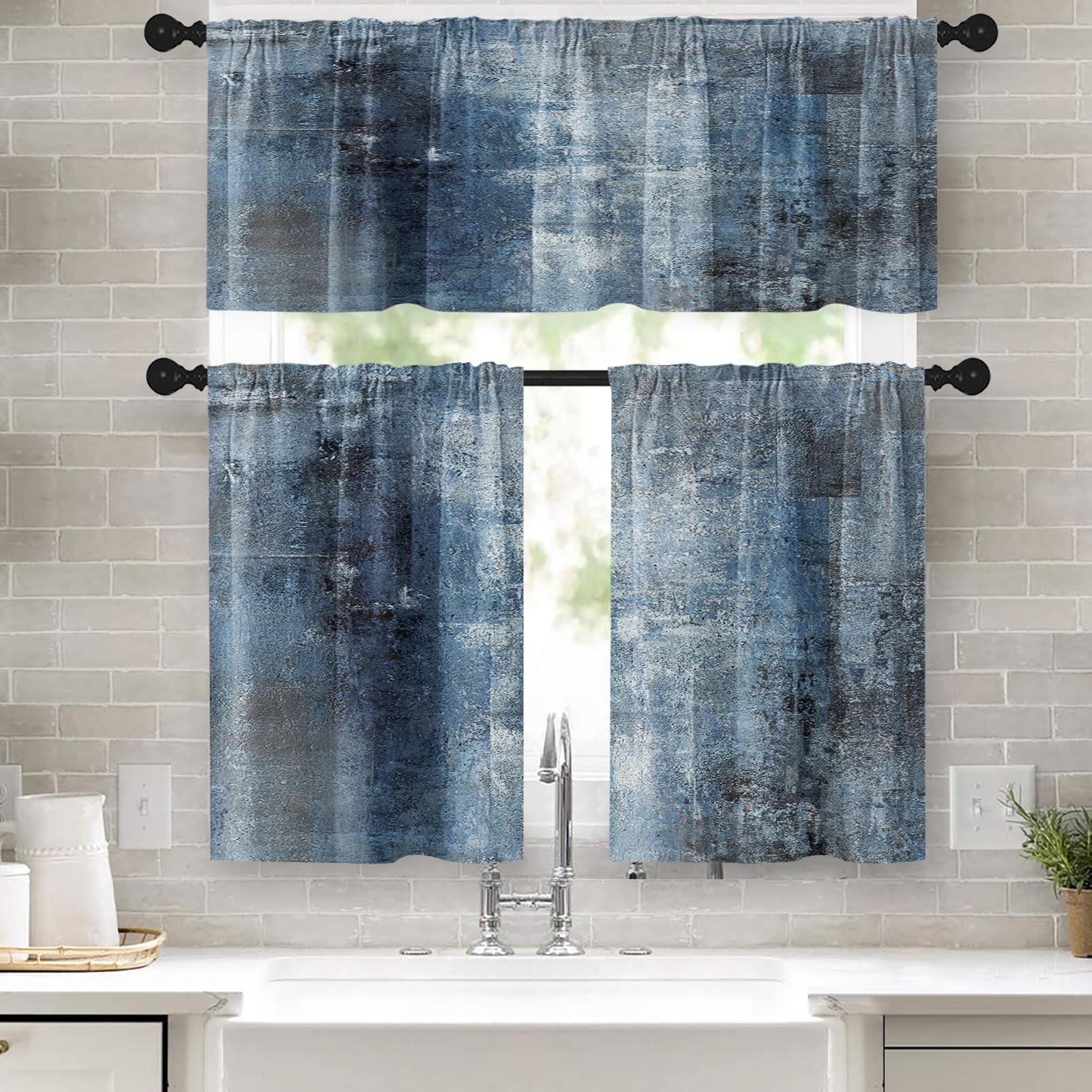 Tayney Blue Kitchen Window Curtains Valance and Tier Set 36 Inch, Grey Modern Rod Pocket Short Tier Curtain, Abstract Art Small Cafe Drapes for