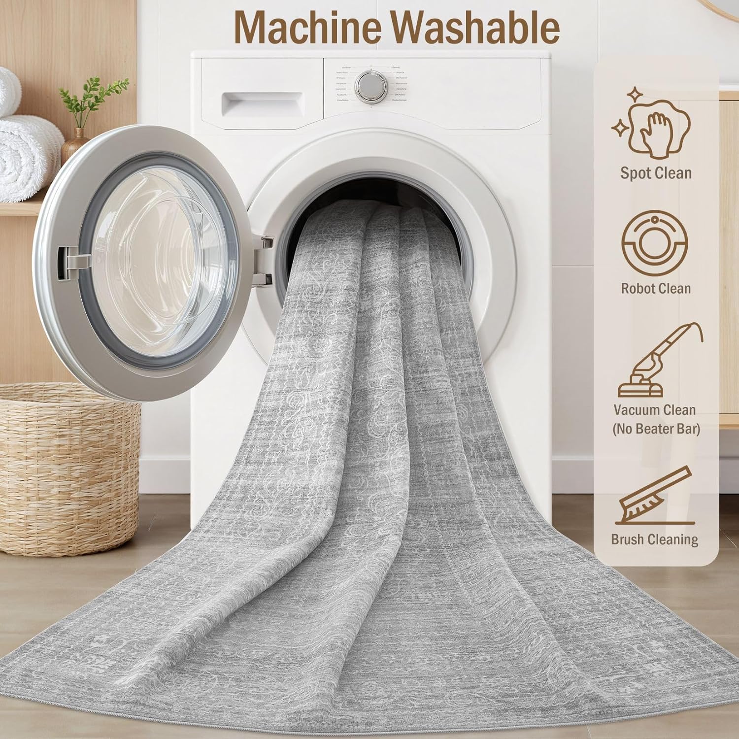 nakagishi area rugs 9x12 living room: washable large vintage grey rug neutral non-slip soft stain resistant indoor carpet for bedroom nursery dining room under table bed home house office playroom grey 9' x 12' (rectangular)