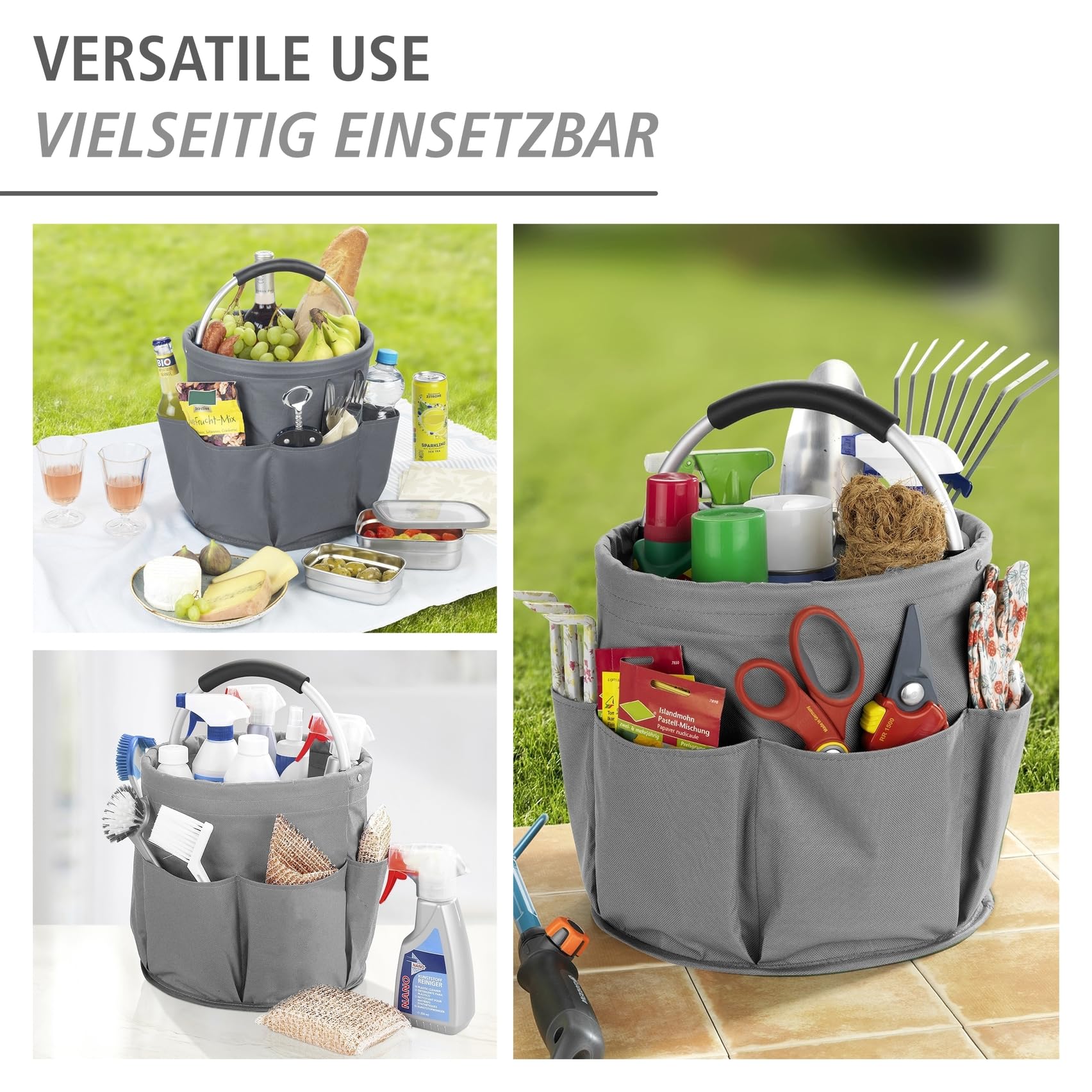 WENKO Organizer universale per la pulizia della casa e del giardino con 6 scomparti per elettrodomestici, attrezzi, utensili per la pulizia, Ø 28 x 26,5 cm, antracite