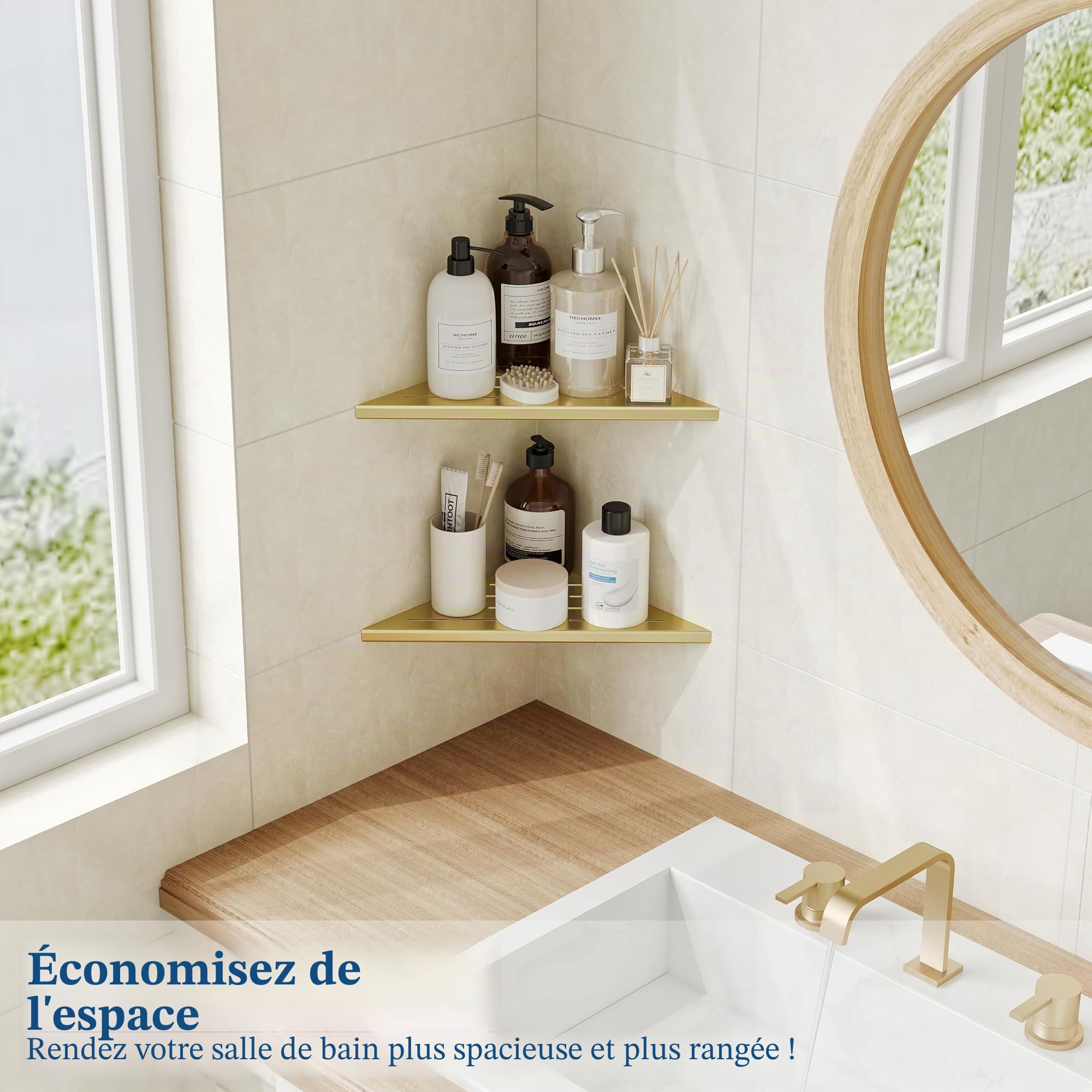 Neodrain Lot de 2 étagères d'angle en acier inoxydable - Doré - Pour salle de bain, cuisine