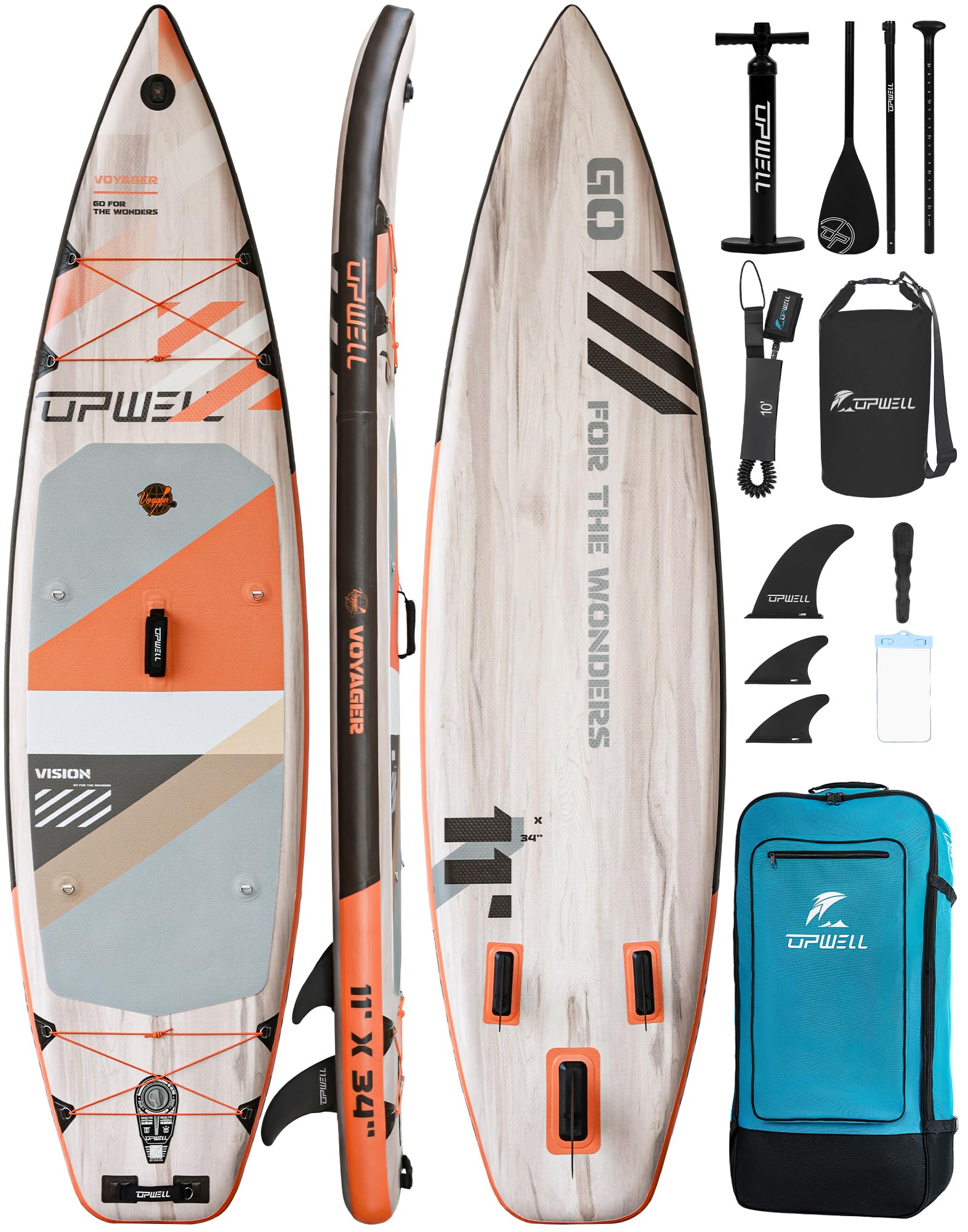 UPWELL11'2/11'/10'8"/10'6”/10'2” Inflatable Stand Up Paddle Board with sup Accessories Including Backpack, Repairing Kits, Non-Slip Deck, Leash, 3 Fins, Paddle and Hand Pump