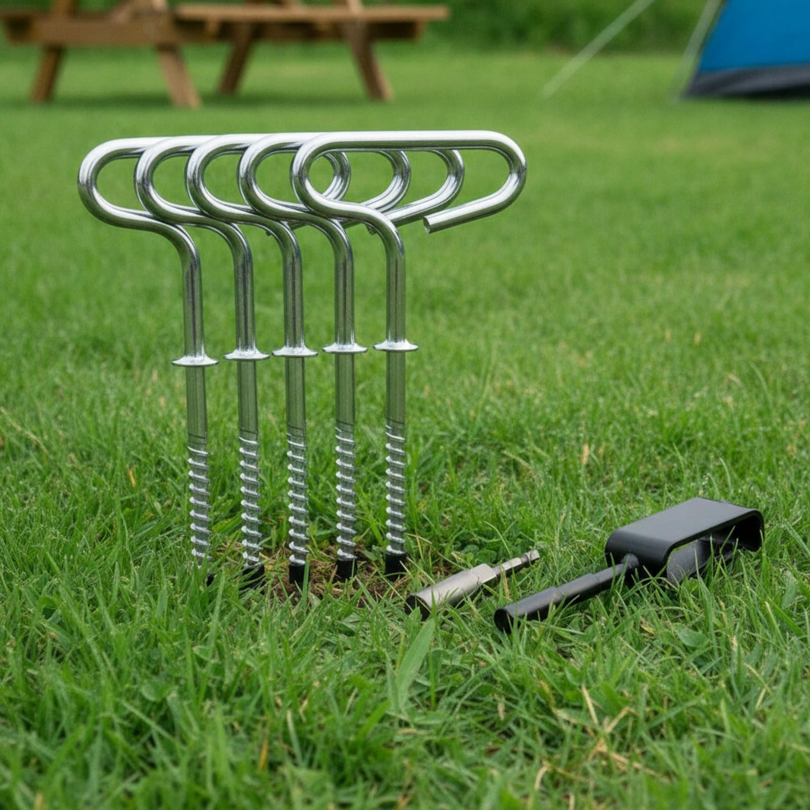 rockible 4 Pezzi Ancoraggio a Spirale Resistente Filettati, Picchetti a Spirale con Strumento di Instzione, Robusti, per Campeggio Invernale