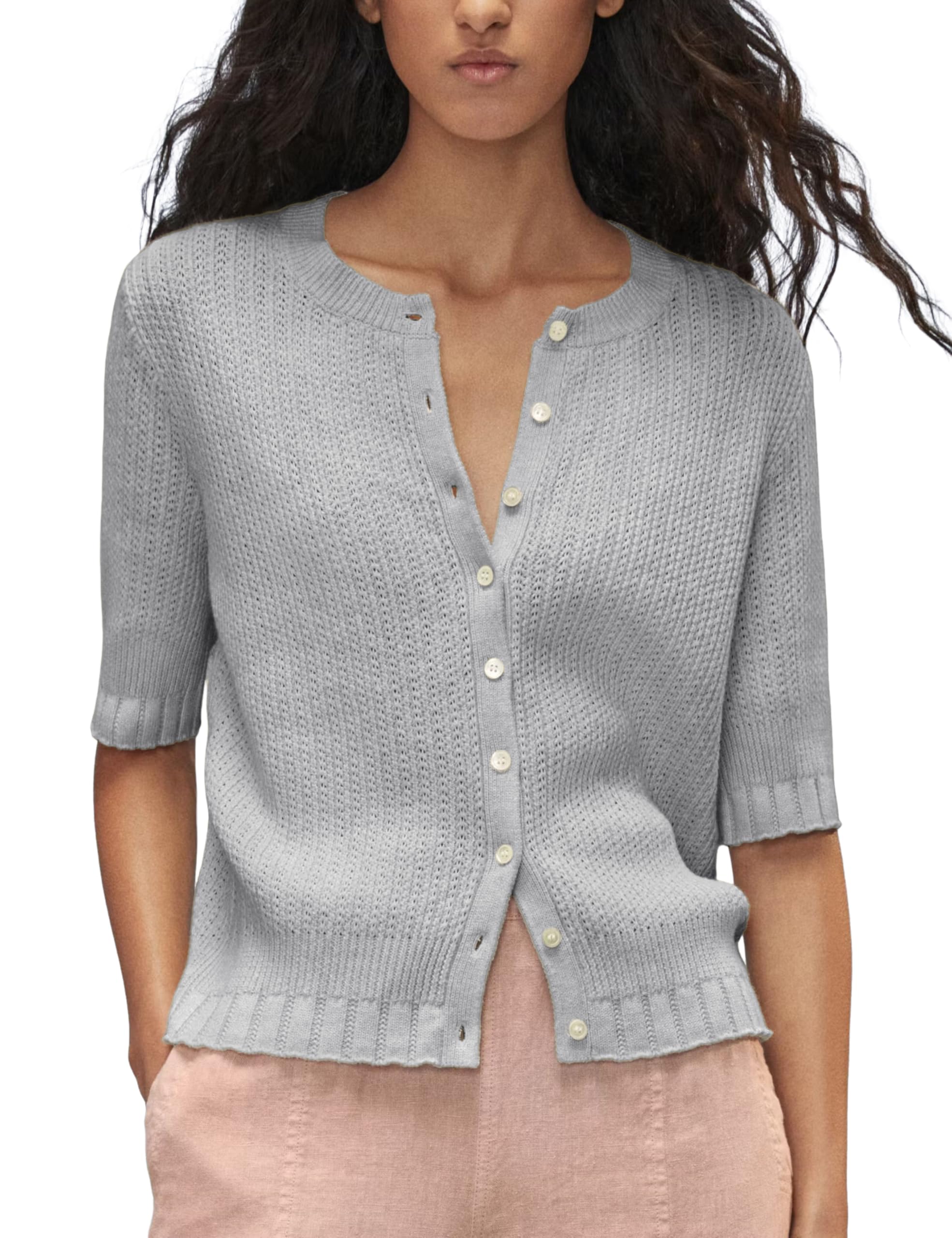 Womens Knit Cardigan Half Sleeve Lightweight Ribbed Cardigan Open Front Button Down Round Neck Casual Sweater-image-44