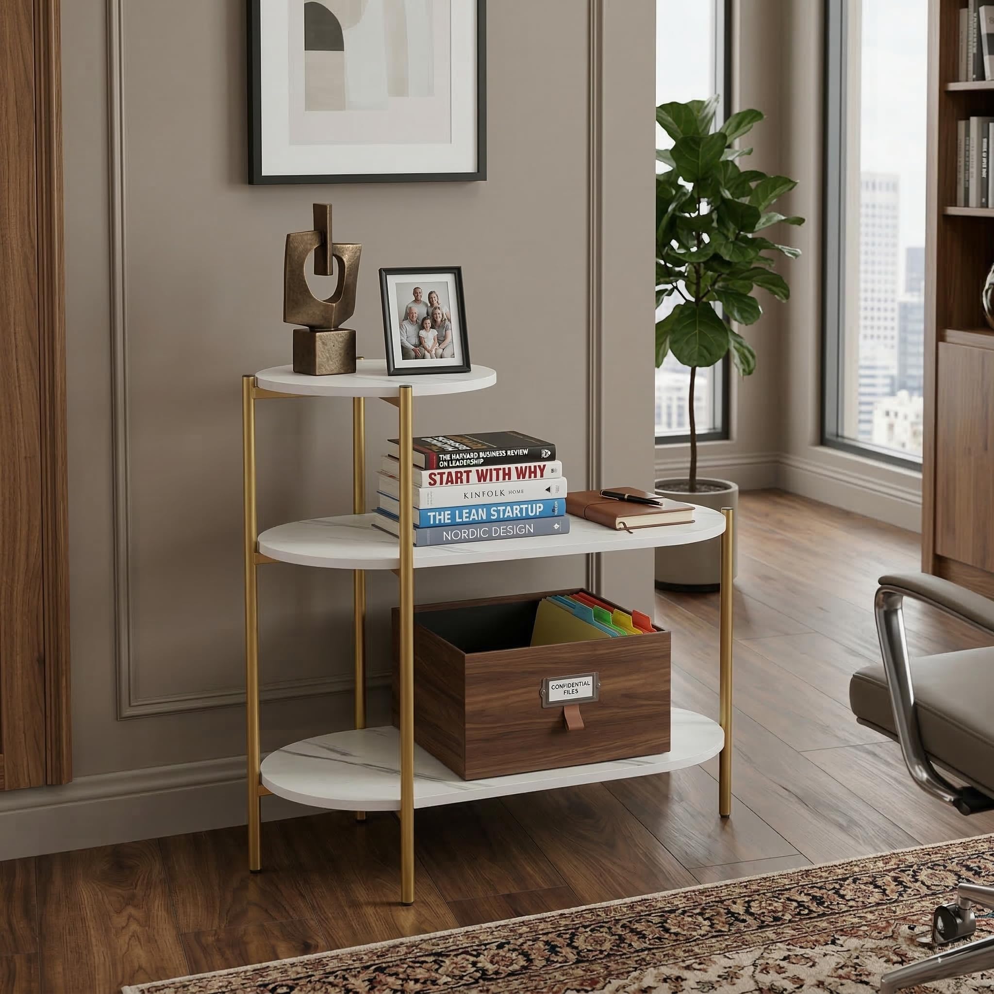 VIRAH 3 Tier Oval Side Table with Faux Marble Coated Wooden Shelves, Gold Metal Frame, Modern Narrow End Table, Space Saving Corner Table, Decorative Plant Stand, Accent Storage Table. (White)-image-45