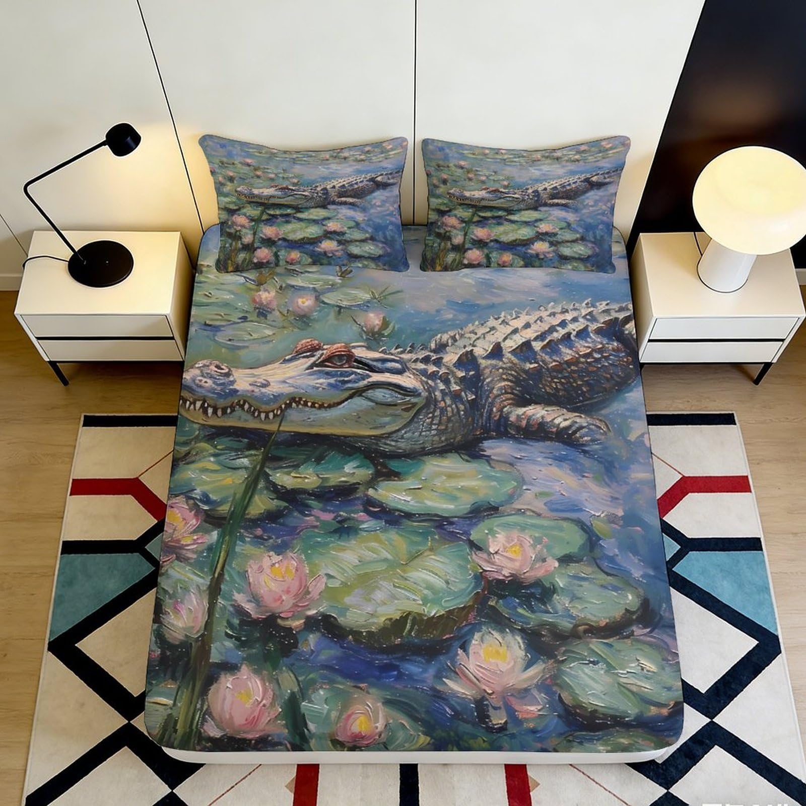 3D Printed Lotus Crocodile Fitted Sheet Microfiber Elastic Hem Bedroom Bedding Adult Lotus Mattress Fitted Cover Deep Pocket Non-Slip Washable 200x200x25cm 90x200x25cm