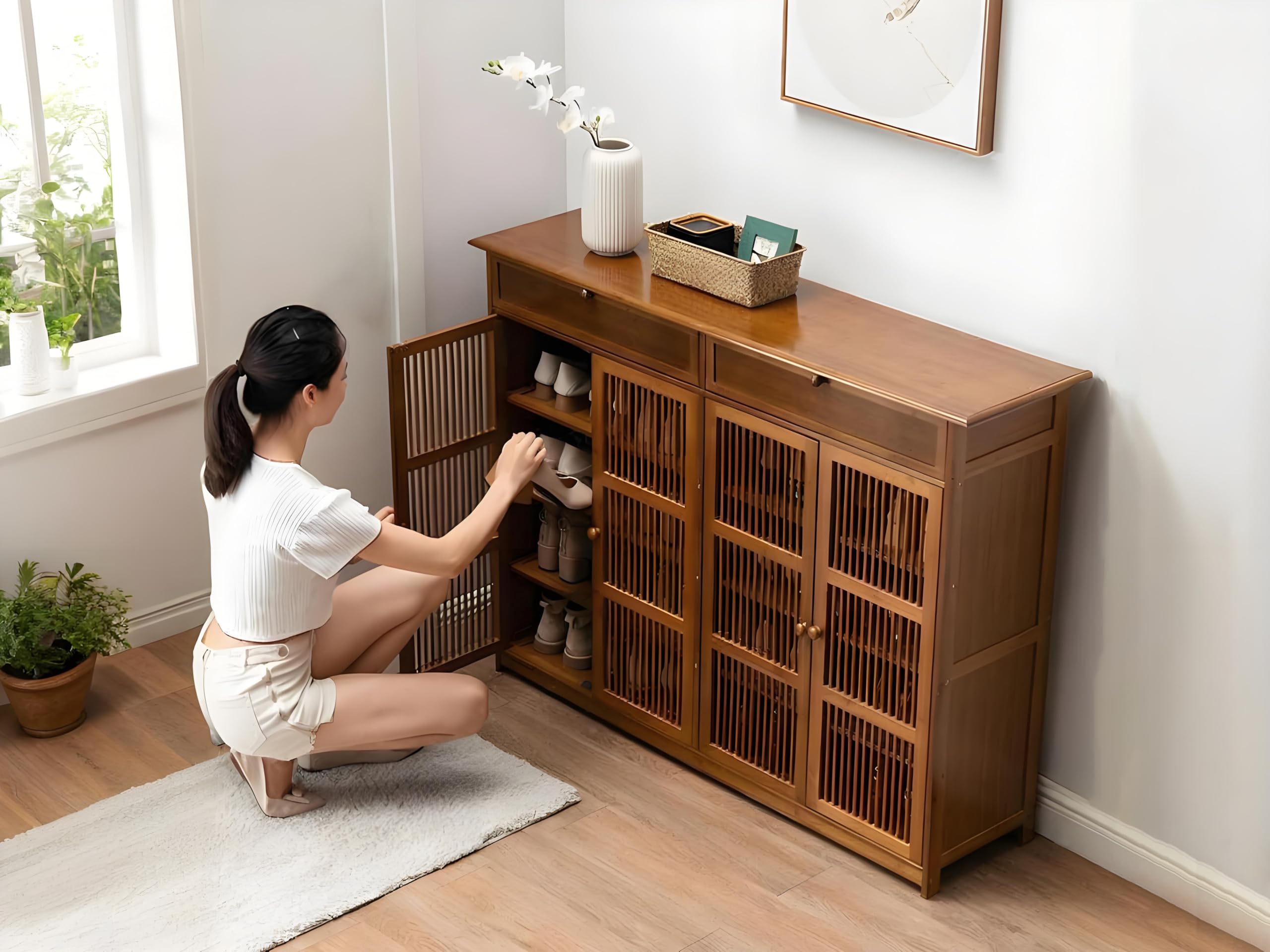 Armario Zapatero Bambu, Armario Entrada Recibidor de 5 Niveles, Cajón Doble con Puertas Mueble Zapateros, 130 x 35 x 99 cm Zapatero Rustico, Marrón