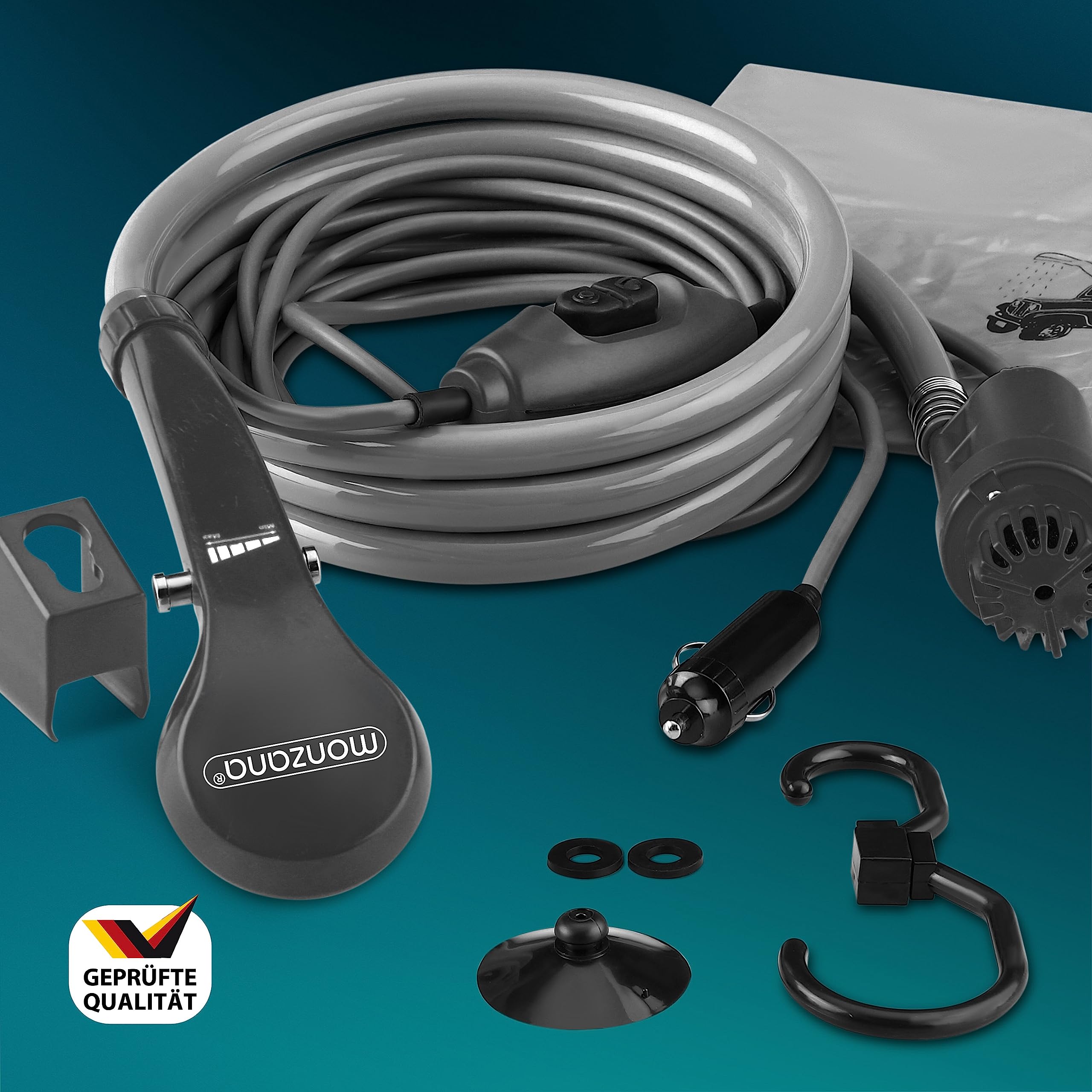 Monzana® Ducha de camping portátil con bomba de 12 V, adaptador de coche, bolsa de almacenamiento, manguera de 2 m, cable de alimentación de 5 m, ducha para perros, ducha de jardín