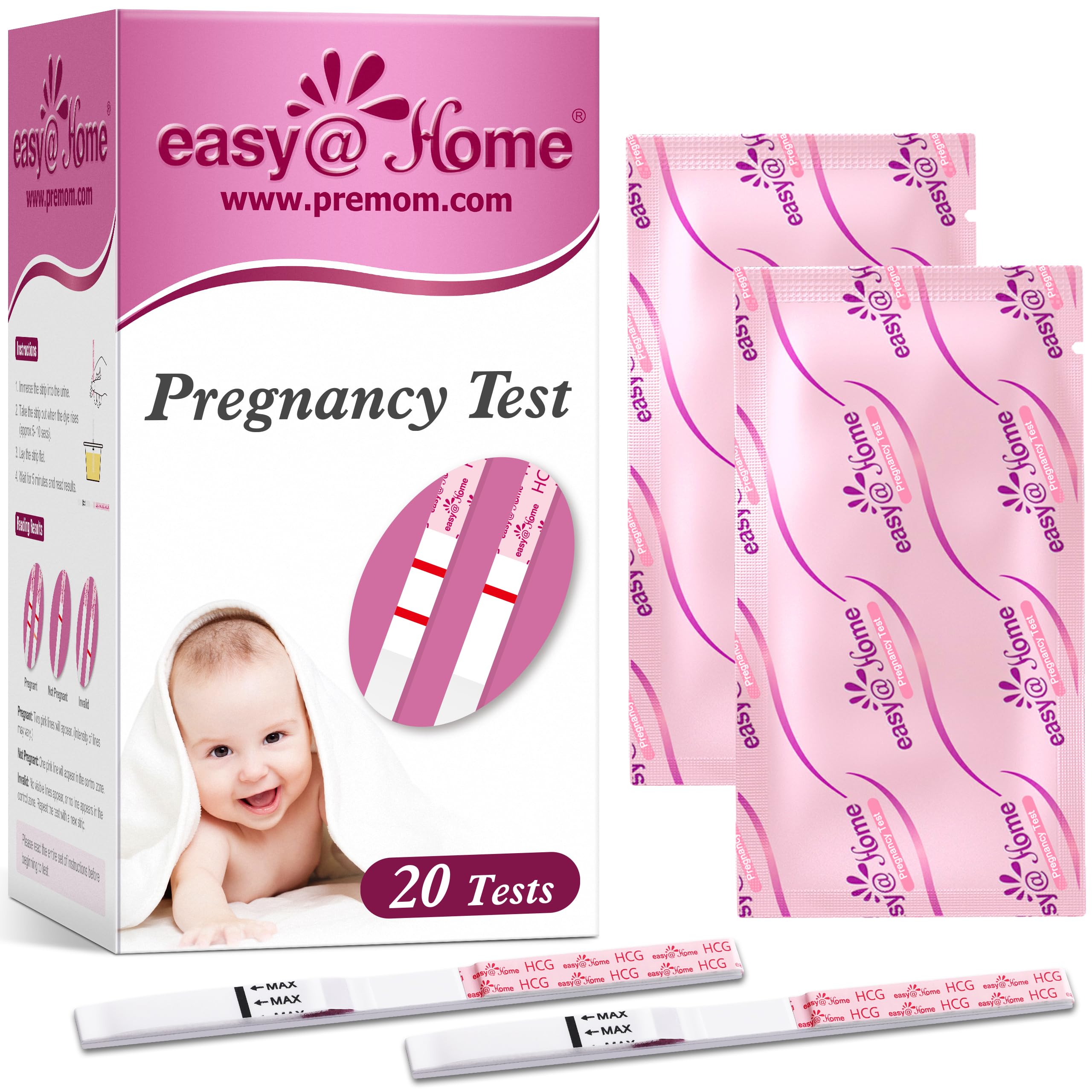 Easy@Home Pregnancy Test Strips Kit, 20 Pack Early Detection hCG Tests - Bulk Pregnancy Strips - Powered by Premom APP