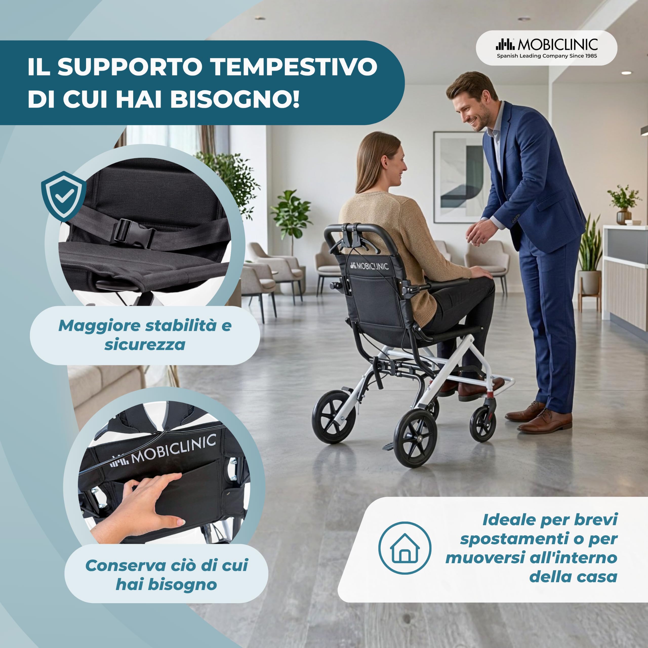 Mobiclinic®, Sedia a Rotelle da Tránsito, Pieghevole, per Brevi Tragitti | Sedile da 40 cm, Sistema di Bloccaggio del Freno, Braccioli e Poggiapiedi Pieghevoli, Leggera, Fino a 100 kg, Acciaio, Venus