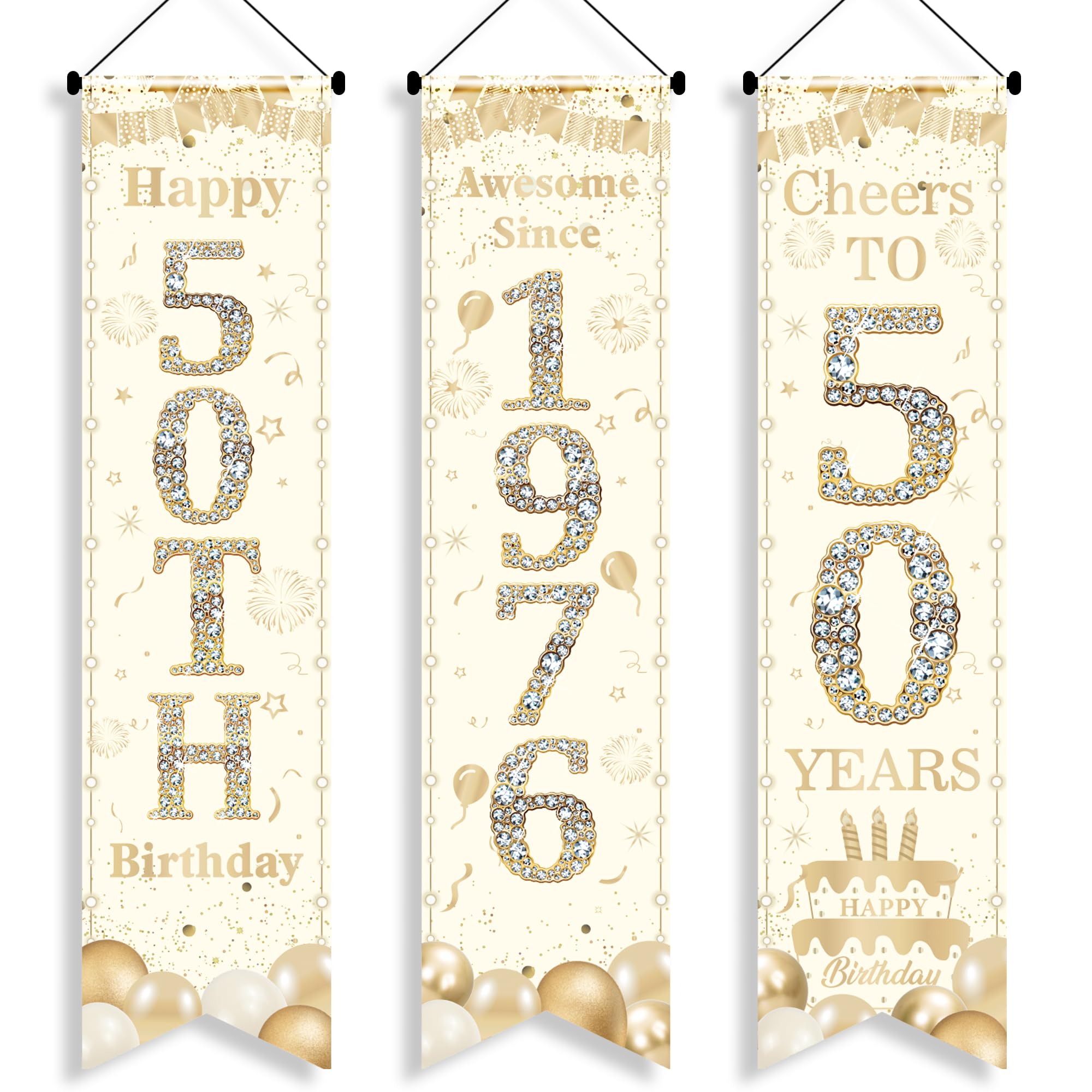 50th Birthday Decorations Door Banners - 3 Pcs White Gold Awesome Since 1976 Happy 50th Birthday Cheers to 50 Years 3.9x0.9ft Door Porch Sign for 50 Years Old Women Party Backdrop Decor Supplies