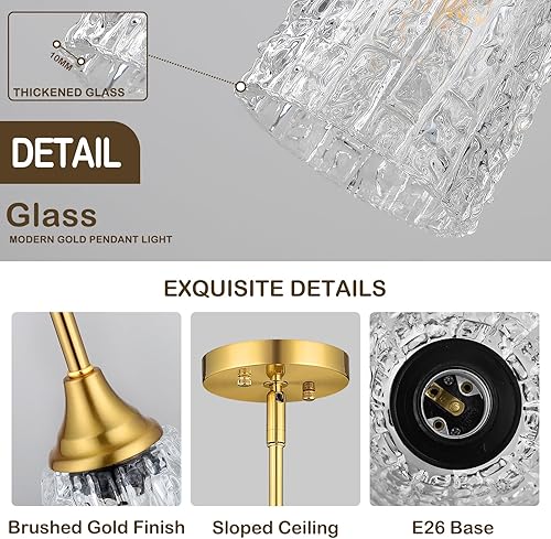 Miniatura 2 de Luces colgantes de cristal para isla de cocina, 1 luz de oro cepillado con vidrio martillado y varillas, moderna lámpara colgante de granja pequeña