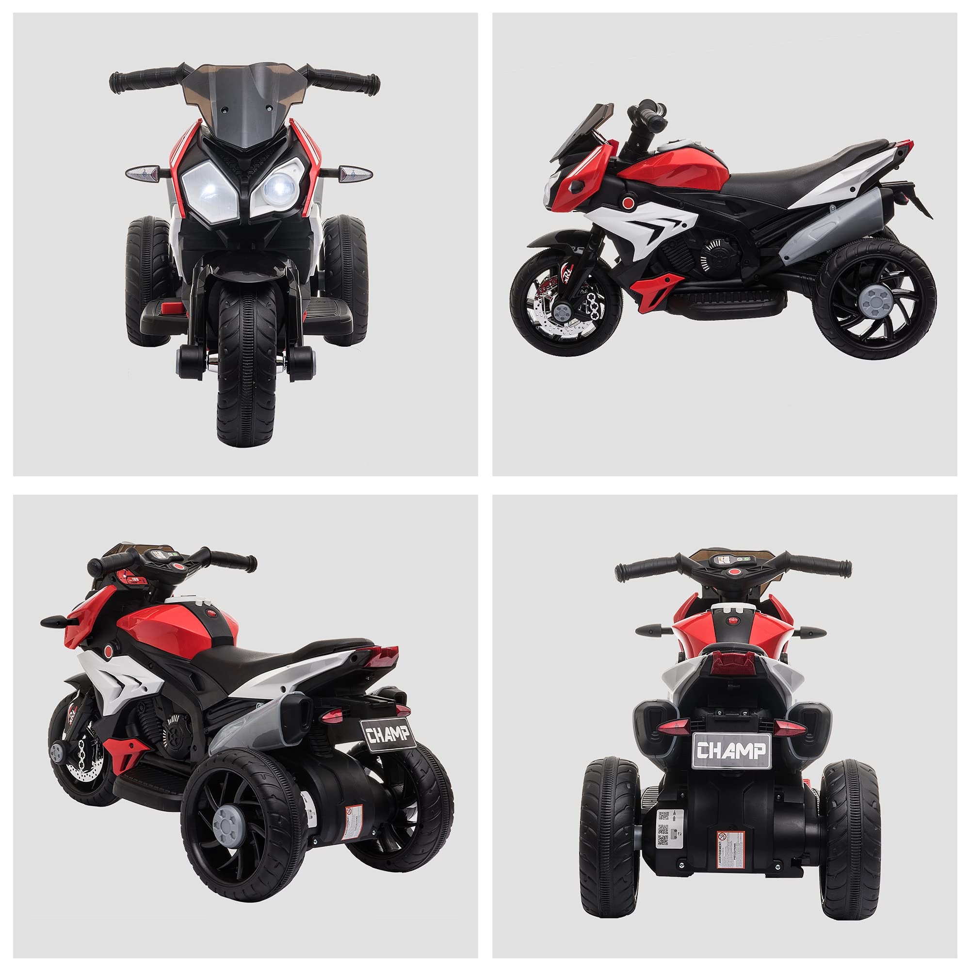 HOMCOM Moto Elettrica per Bambini 3-5 Anni Max. 25kg con Luci, Musica, Batteria 6V e Velocità 3km/h, 86x42x52 cm, Rossa