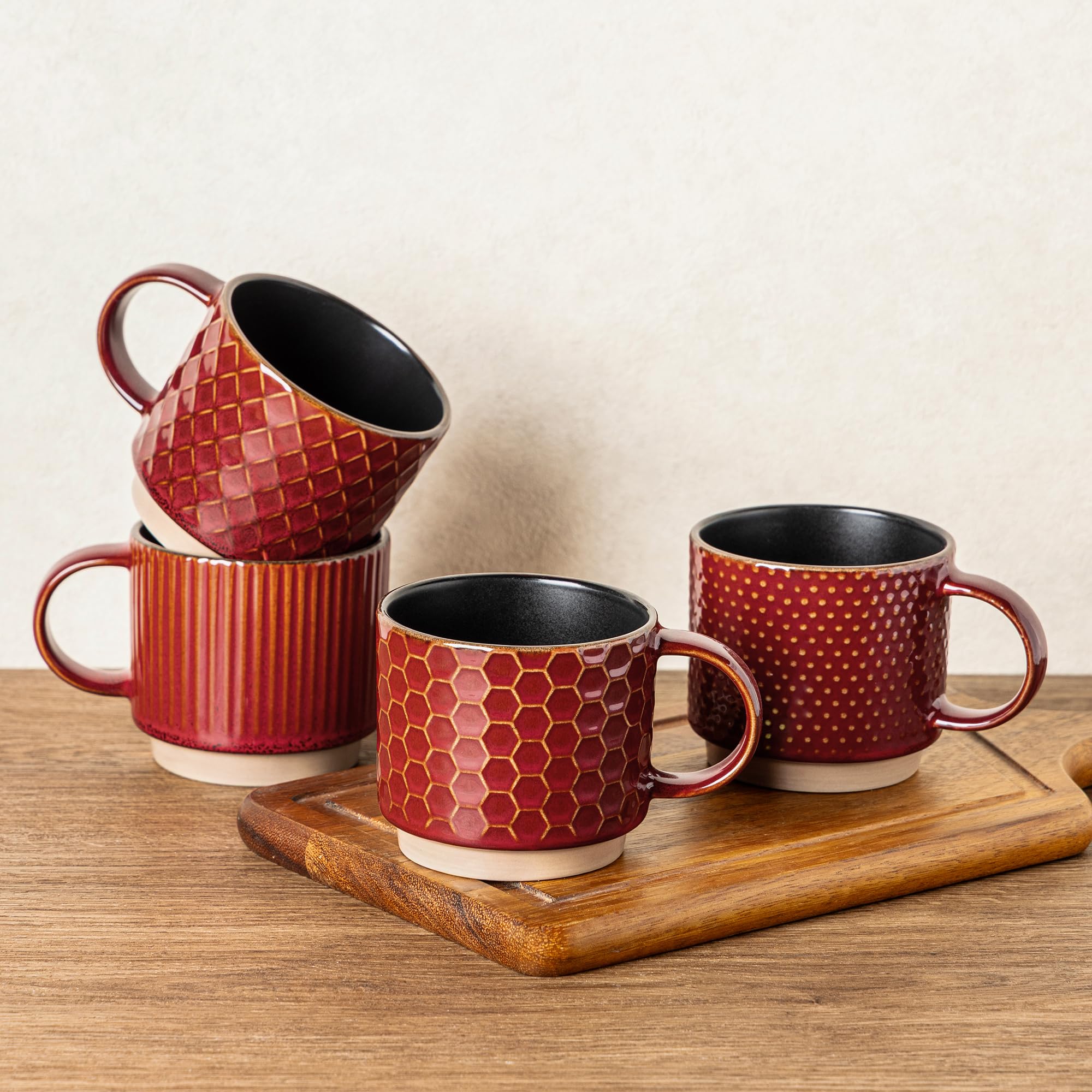 GBHOME15OZ Stackable Coffee Mugs, Ceramic Coffee Cups with Texture Patterns for Man,Woman,Dad,Mom, Modern Coffee Mugs Set of 4 for Latte/Cappuccino/Cocoa. Dishwasher&Microwave Safe, Red