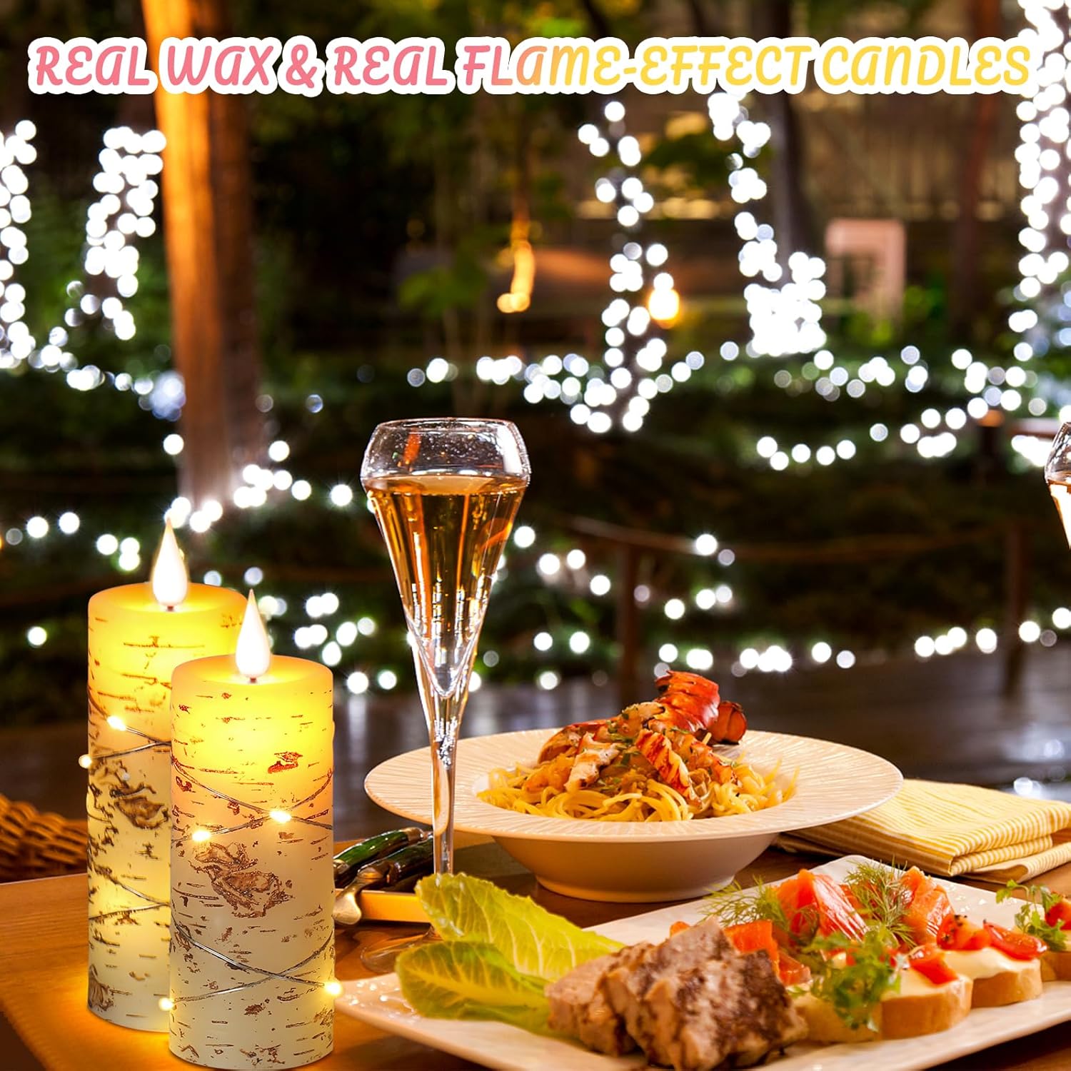 Da by LED Candles Hand Painted Birch Bark Recessed String Candles Set of 5 (Heights: 4", 5", 6", 7", 8") Battery Powered with Dancing LED Flame