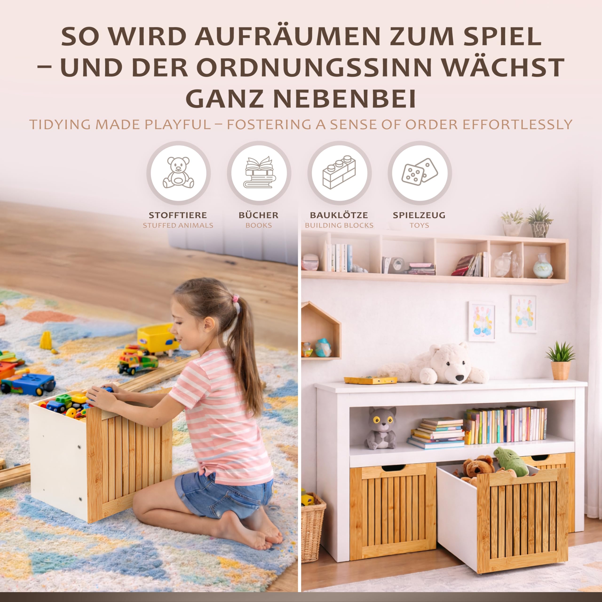 ONVAYA Sideboard mit Rollboxen - Praktisches Kinder Bücherregal und Kuscheltier Aufbewahrung - Modernes Spielzeugregal inkl. 3 Aufbewahrungsboxen - Durchdachtes Kinderregal als Spielzeug Organizer