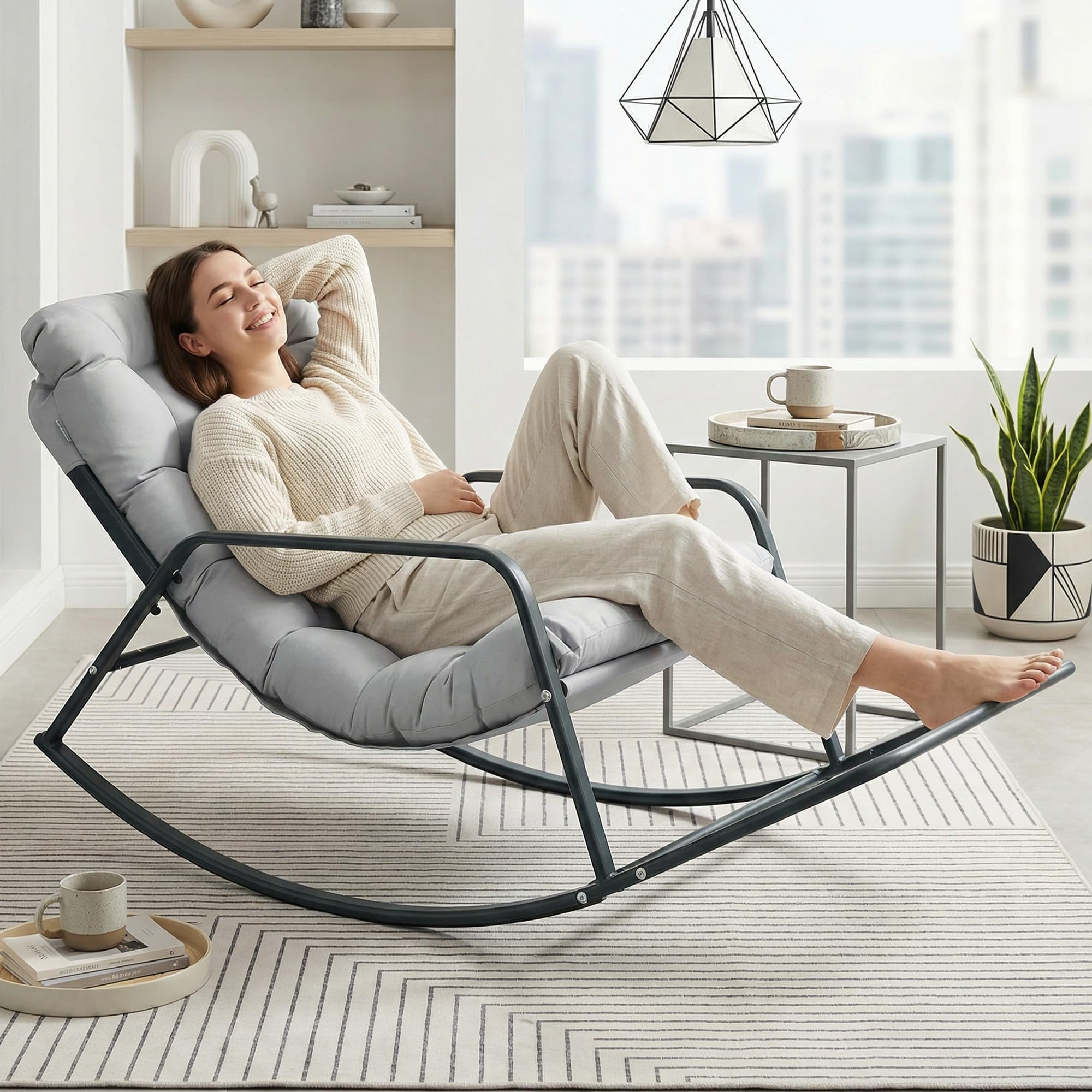 BULEXYARD Grey Oversized Indoor Outdoor Lounge Royal Rocking Chair with Armrest Footrest for Napping Relaxing, Heavy Duty Patio Reclining Papasan