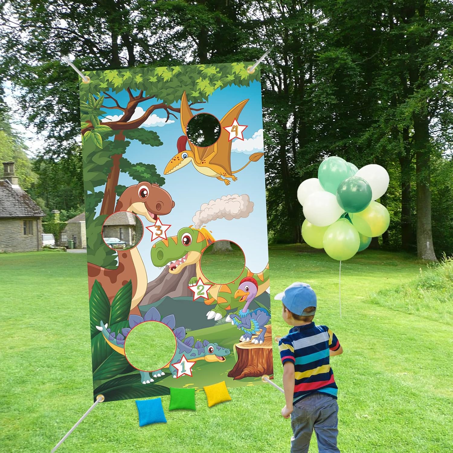 WEALLIN Dinosaur Toss Game Backdrop Banner with 3 Bean Bags, Kids Bean