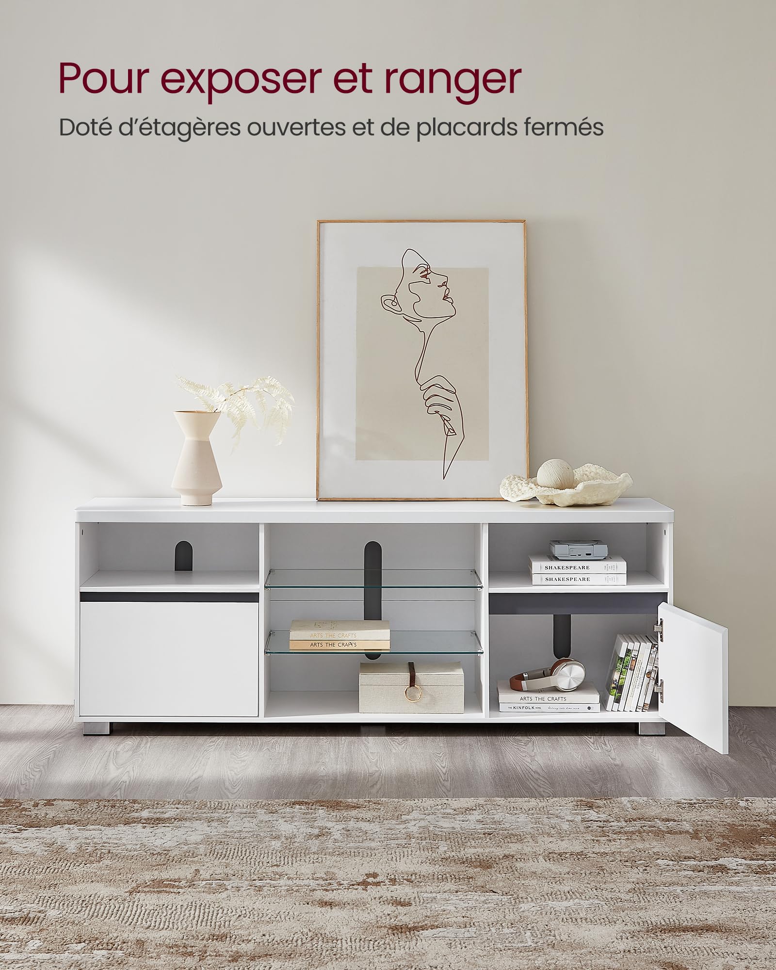 VASAGLE Kailyn Collection - Meuble TV avec LED, pour Les Téléviseurs Jusqu’à 70 Pouces, avec Étagères Ouvertes en Verre, 2 Placards avec Portes, 160 cm, Moderne, pour Salon, Chambre, Blanc LTV331T10