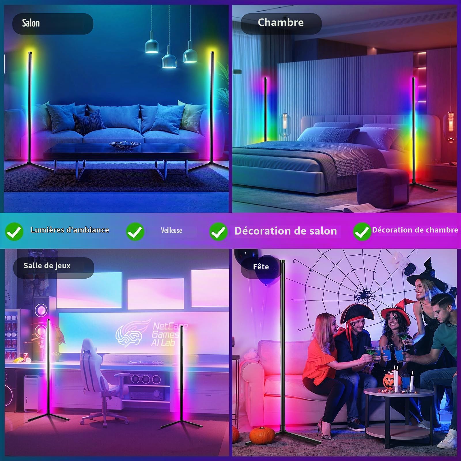 Euakee Lampadaire sur Pied Salon, WiFi RGBIC Lampadaire LED d'Angle avec Alexa/Google Home, Musique Sync, 16 Millions Couleurs, Lampe Moderne pour Salon, Chambre, Salle de Jeux (2 Pièces)