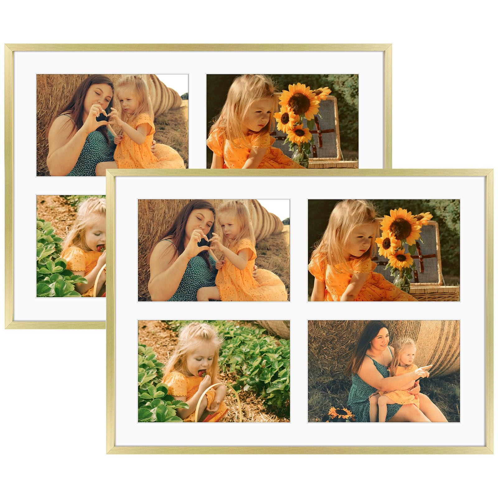 Golden State Art, 5x7 Aluminum Collage Frame, Displays 7x5 Pictures With 4 Openings Mat or One 12x16 Photo, Real Glass, Portrait/Landscape Wall Display, Gold, 2 Pack