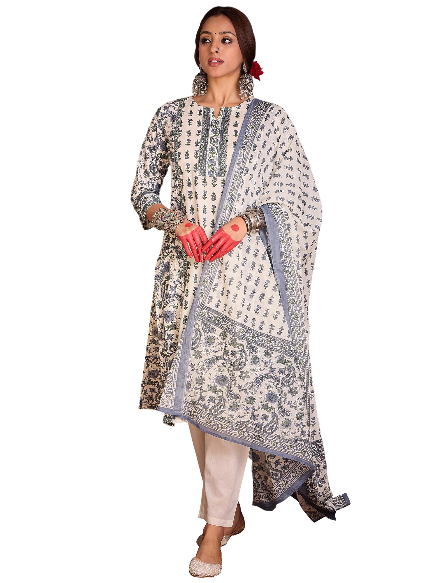 indo era Women's Pure Cotton Ethnic Motifs Printed Straight Kurta & Pant With Dupatta Set (IEBGC10304)-picture-11