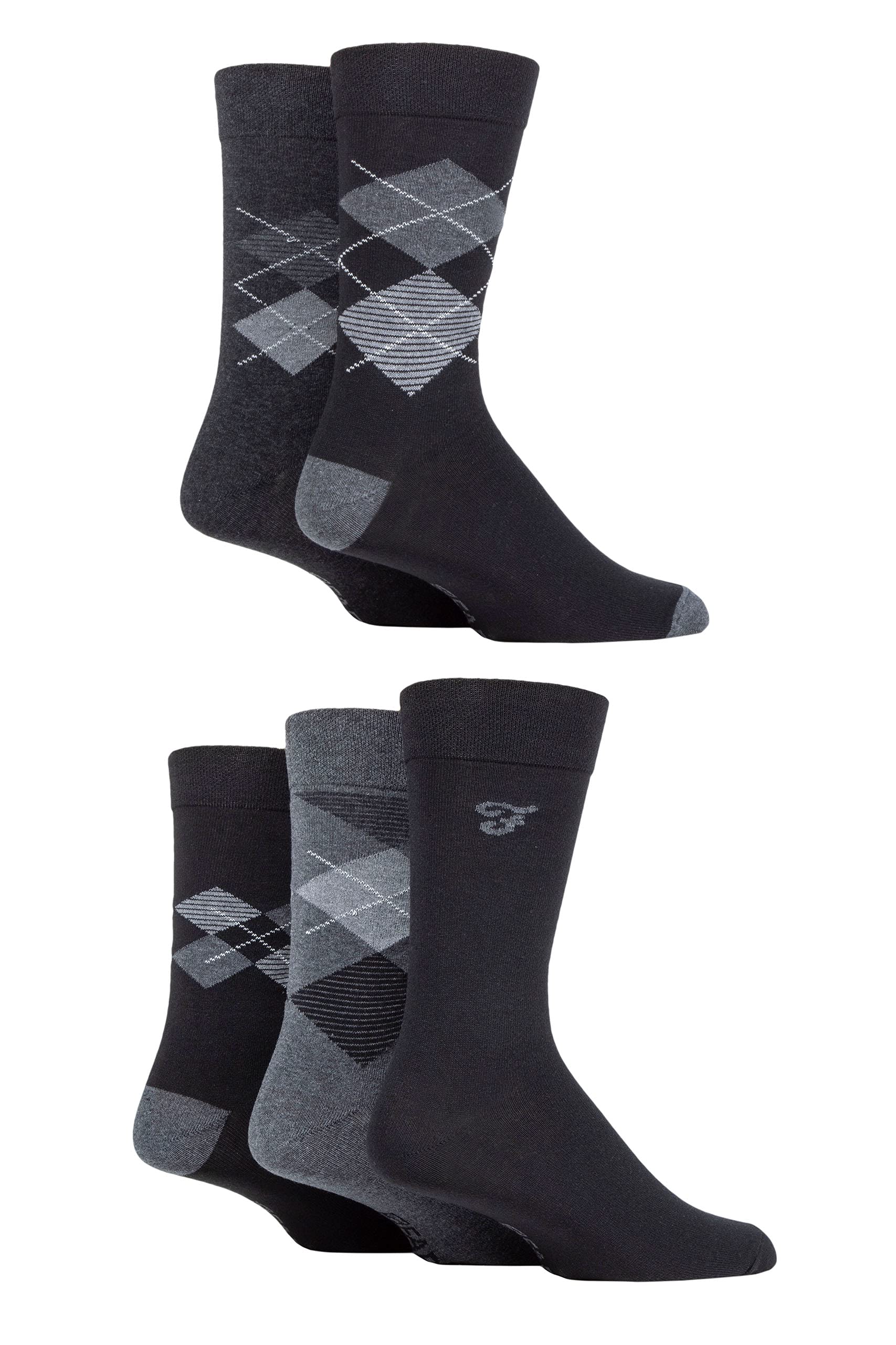 Farah Men's Patterned Striped and Argyle Cotton Socks Pack of 5 Argyle Black/Charcoal 6-11