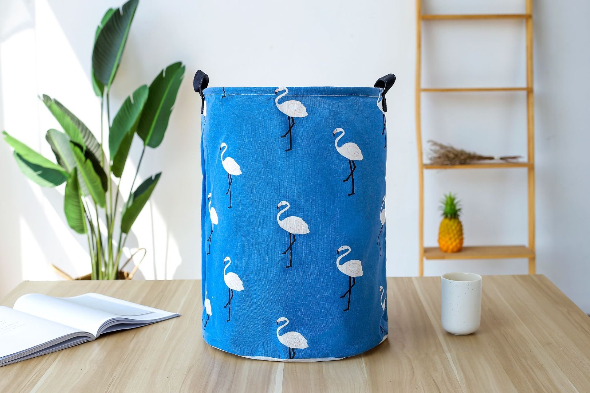 19.7" Large Sized Waterproof Coating Ramie Cotton Fabric Folding Laundry Hamper Bucket Cylindric Burlap Canvas Storage Basket (Blue Flamingo)