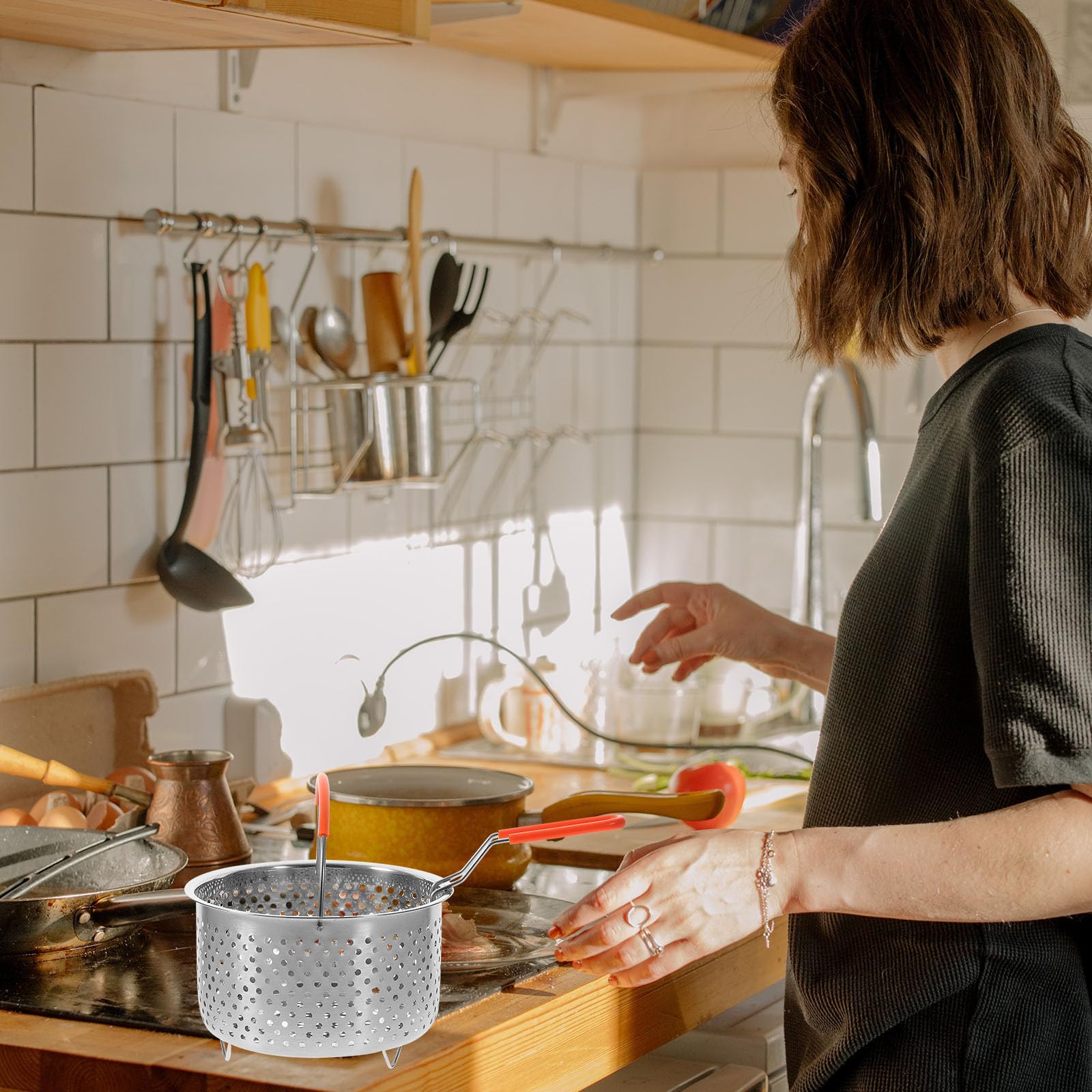 Cestello per Friggere in Acciaio Inox 304 20 Cm Doppia Maniglia, Colino per Pesce e Pasta, Accessorio da Cucina Resistente al Calore per Cottura a Vapore e Frittura,