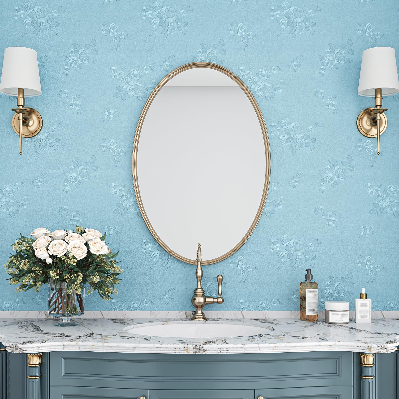 VEELIKE Carta da parati blu con fiori, 40 x 800 cm, carta da contatto blu chiaro per armadi camera da letto carta da parati testurizzata blu rimovibile per affittuari per bagno soggiorno