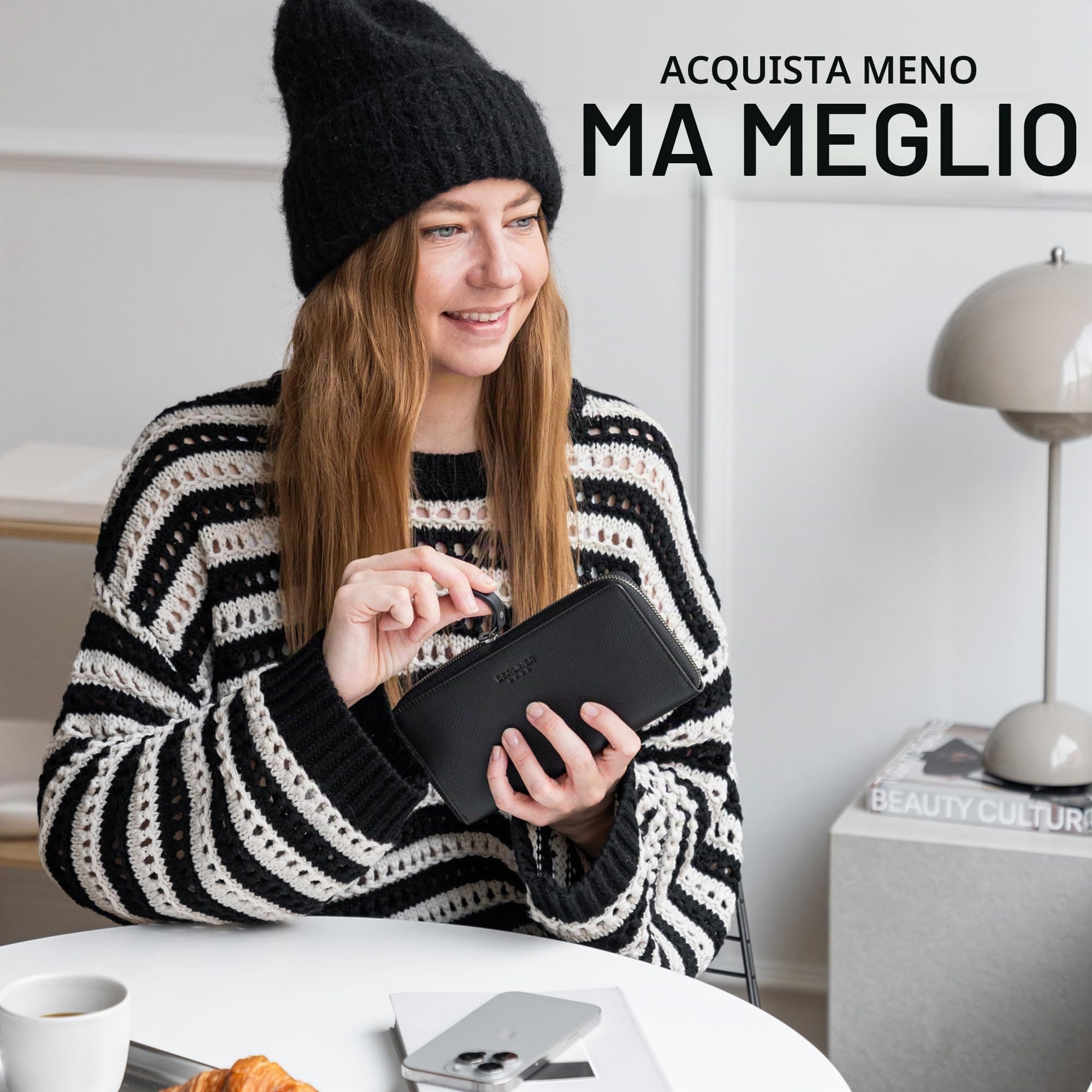 Berliner Bags Portafoglio Donna Margo in Vera Pelle, Grande con Zip e Portamonete, Protezione RFID, 12 Carte – Nero