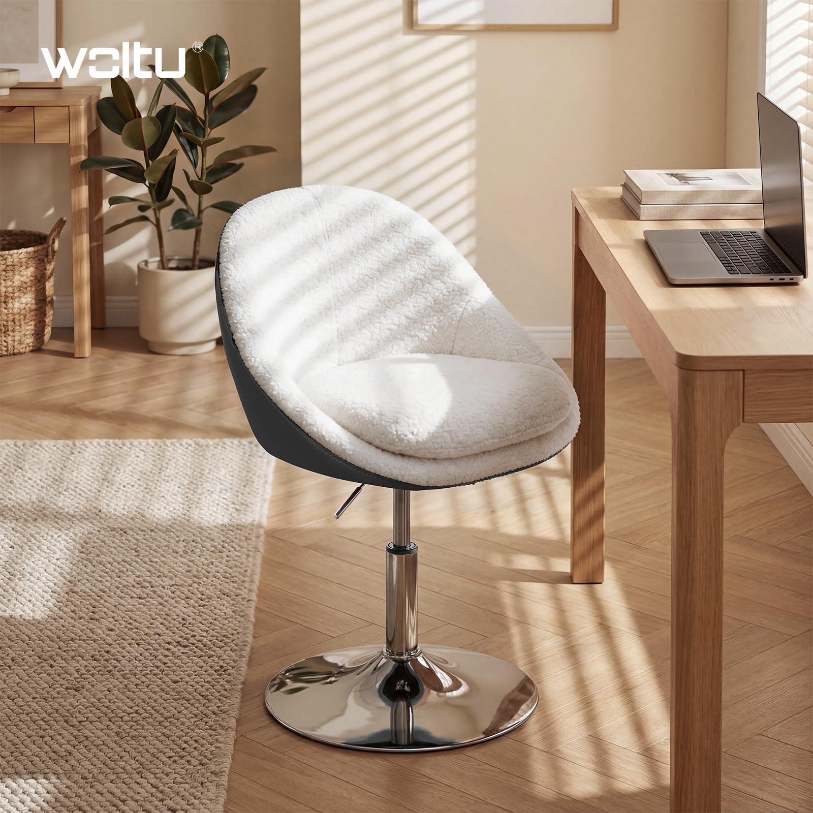 WOLTU Silla Tocador Maquillaje, Taburete de Tocador con Respaldo PU, Silla Giratoria 360°, Altura Ajustable, Funda de Tejido Polar Teddy, para Vestidor Dormitorio Estudio, Carga 150 kg, Blanco+Gris