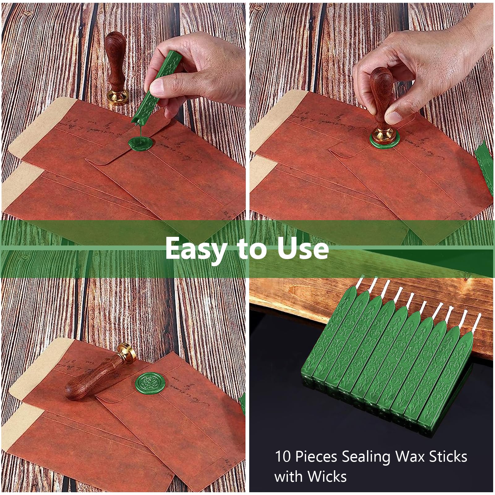 MeYuxg Pack of 10 Sealing Wax Green with Wicks, Vintage Sealing Wax, Wax Seal Stick, Sealing Wax - Image 3