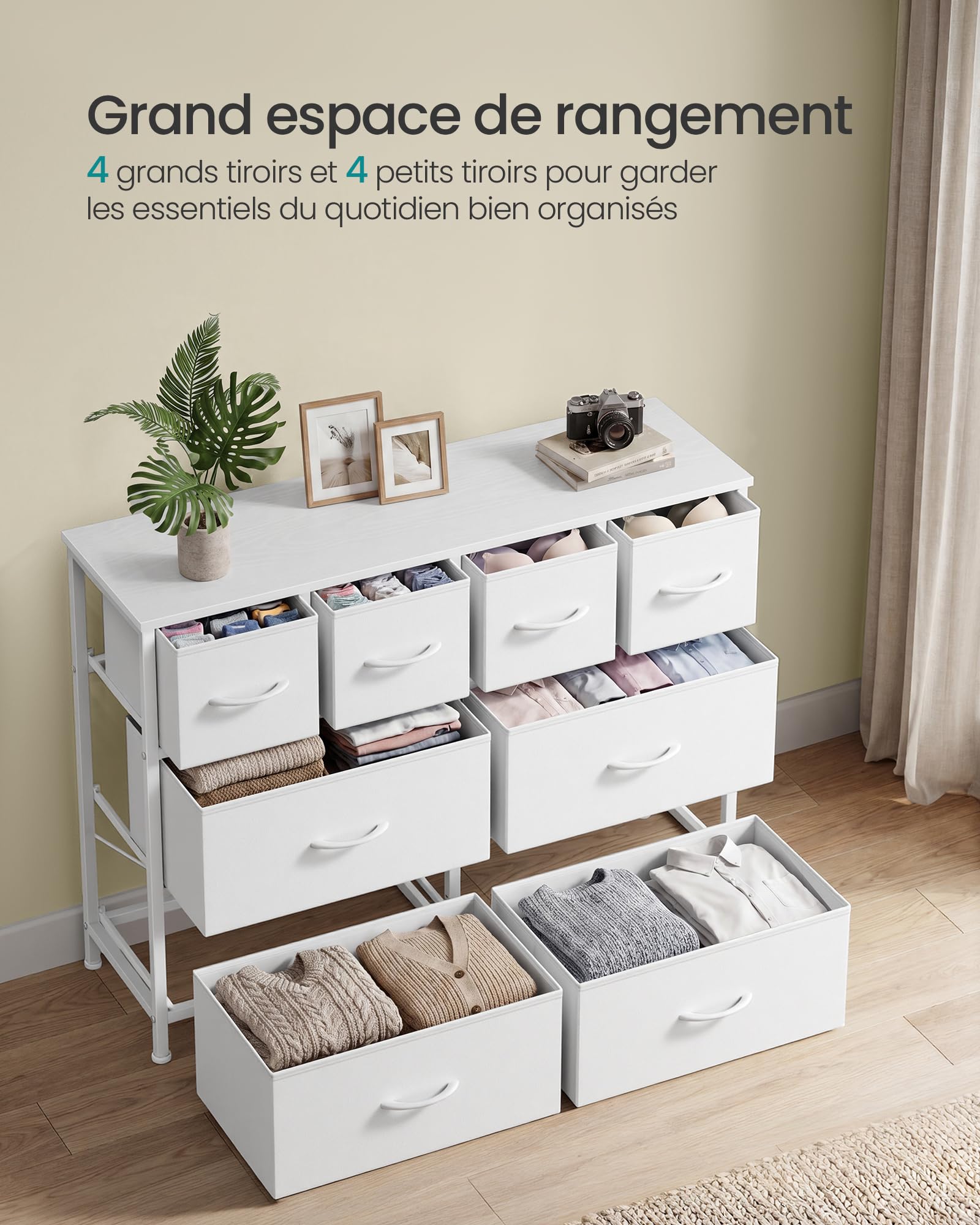 SONGMICS Commode avec 8 Tiroirs, Cadre en Acier, 98,7 x 30 x 74,7 cm | Meuble de Rangement, Tiroirs en Tissu, pour Chambre, Salon, Blanc nuage, Collection BELLAH LGS234W101