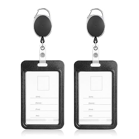 GLUN® Pack of 2 Sliding Badge Holders, Hard Black Vertical Card Case with Retractable Reel & Carabiner for Office, School ID, Credit, Key Cards & Driver’s License