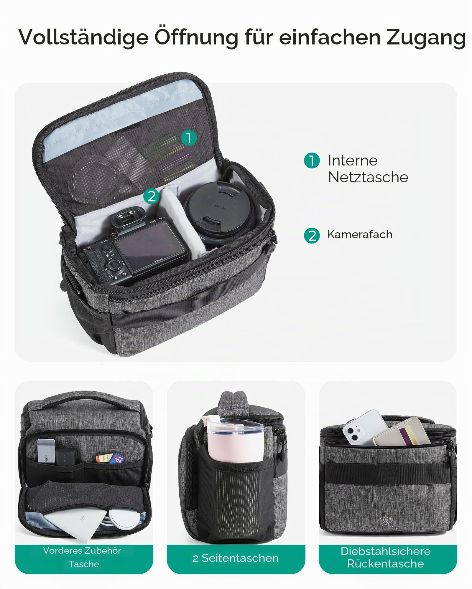 bagsmart Kameratasche Spiegelreflex DSLR SLR Fototasche Spiegelreflexkamera Systemkamera Objektive Zubehör mit Regenschutzhülle Schultertasche Grau