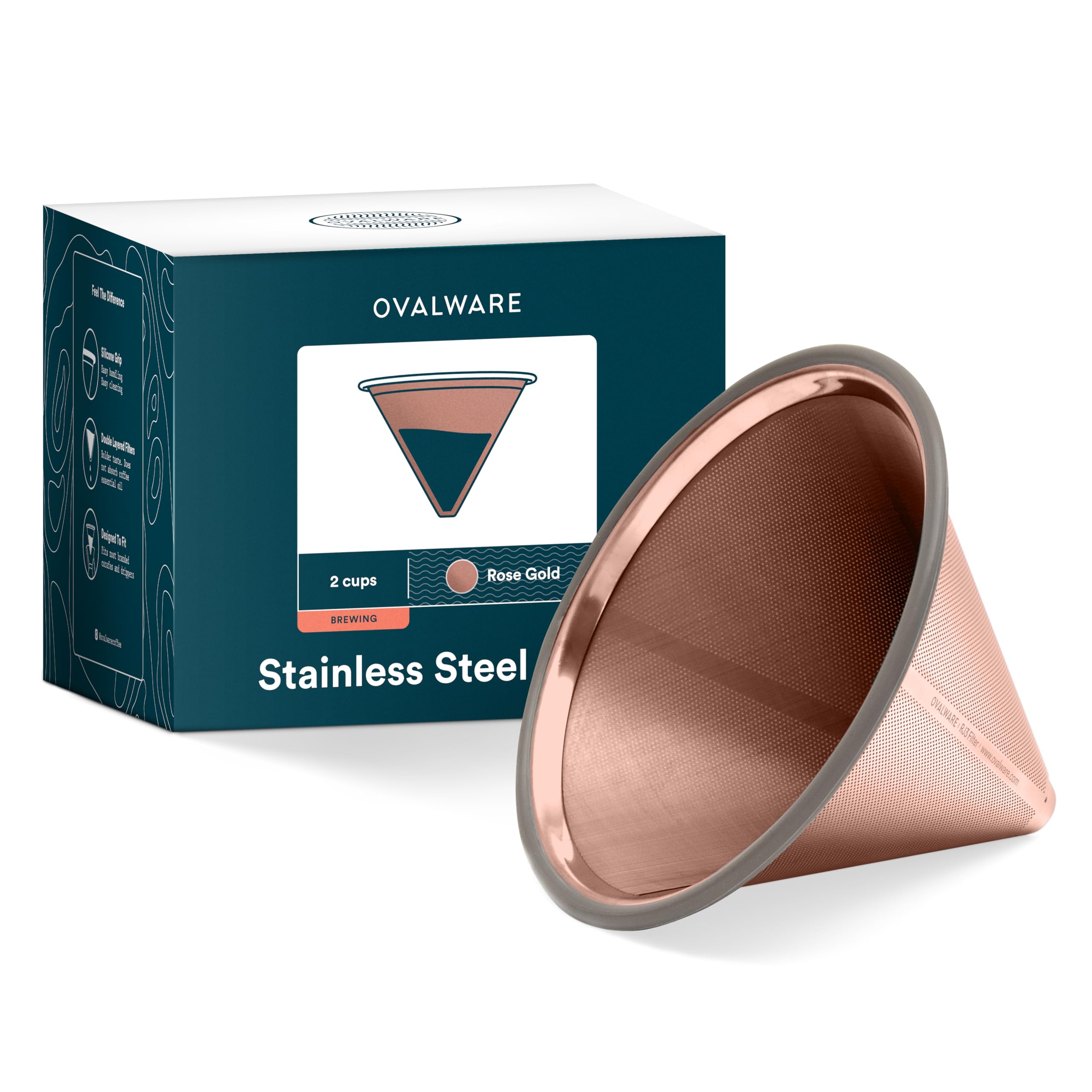 OVALWARE Paperless Stainless Steel Pour Over Coffee Filter – Reusable and Permanent Coffee Cone Dripper for Ovalware, Chemex, Hario and Other Carafes (Titanium Rose Gold)